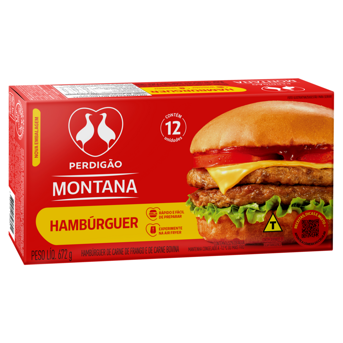 Hamb&uacute;rguer de Carne de Frango e Bovina Perdig&atilde;o Montana Caixa 672g 12 Unidades