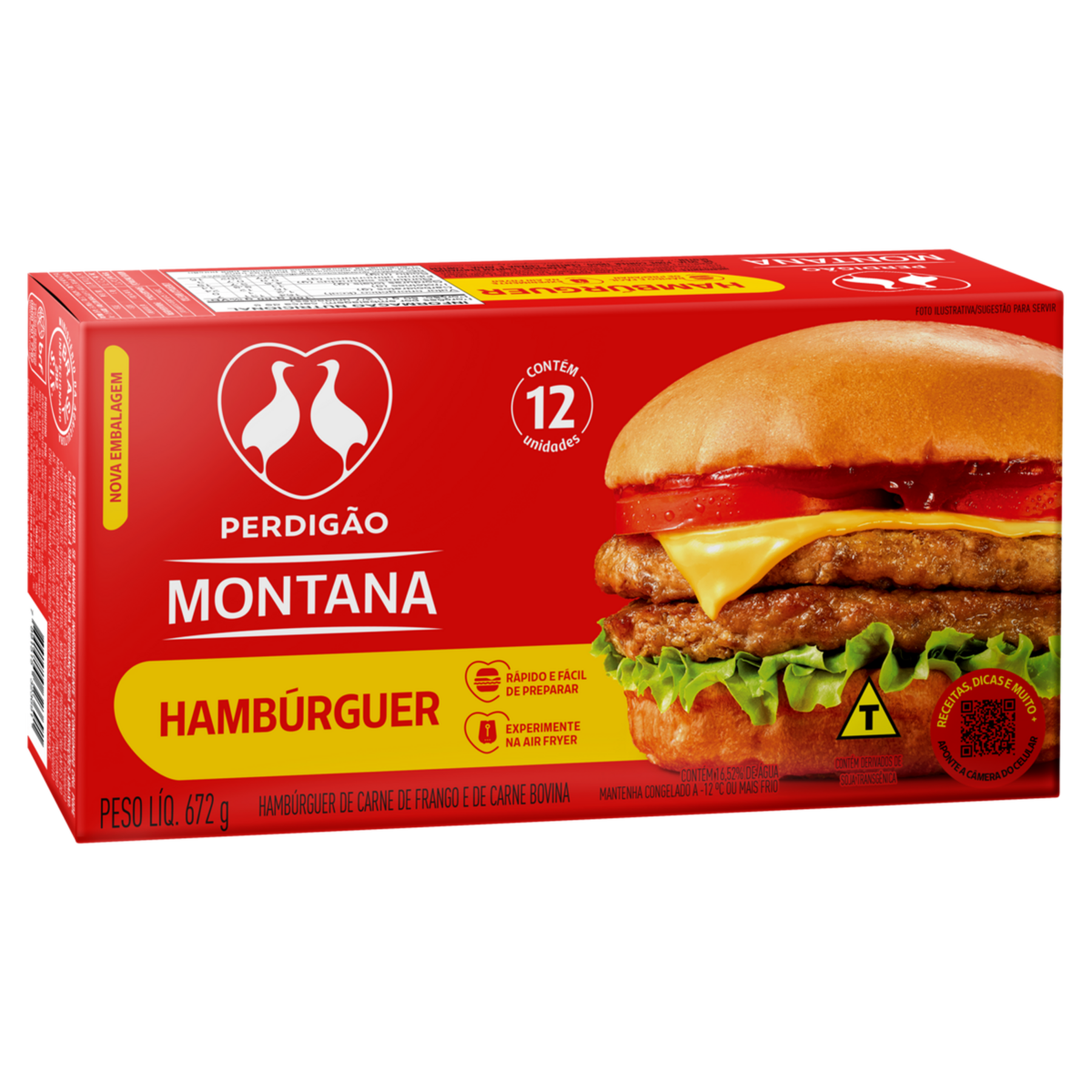 Hamb&uacute;rguer de Carne de Frango e Bovina Perdig&atilde;o Montana Caixa 672g 12 Unidades