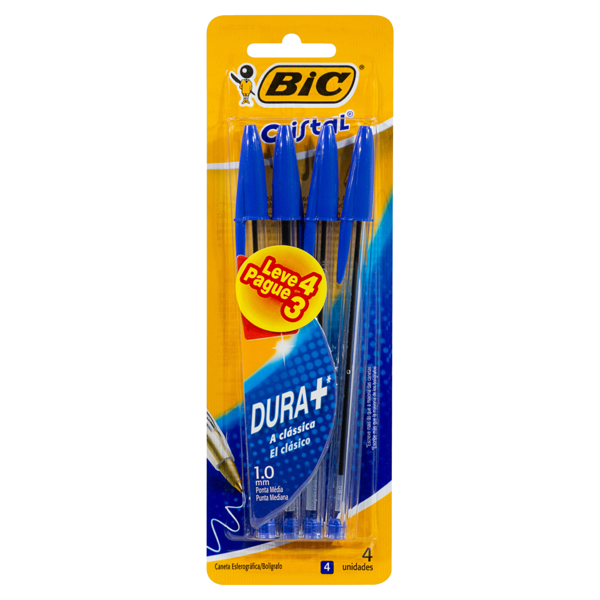 Caneta Esferogr&aacute;fica Azul 1.0mm Ponta M&eacute;dia Dura + Bic Cristal C/4 Unidades - Embalagem Leve 4 Pague 3 Unidades