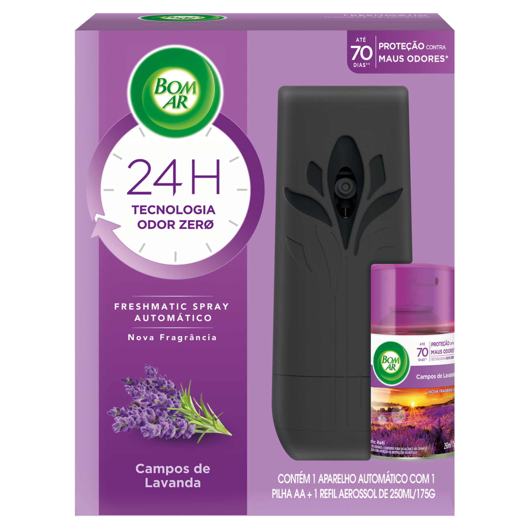 Aparelho e Neutralizador de Odores Campos de Lavanda Bom Ar Freshmatic Caixa 250ml Refil