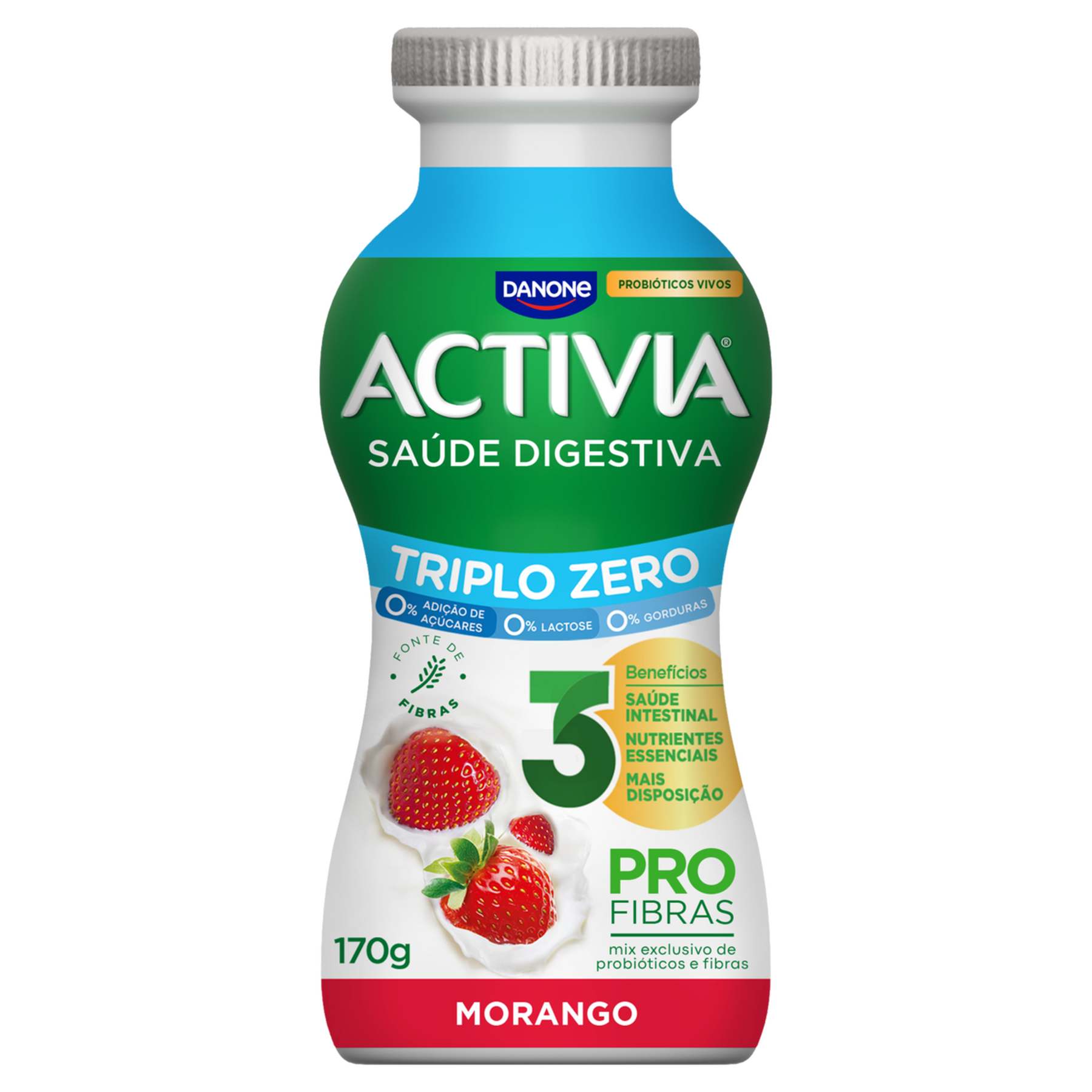 Leite Fermentado Desnatado Morango Triplo Zero Activia Frasco 170g&nbsp;