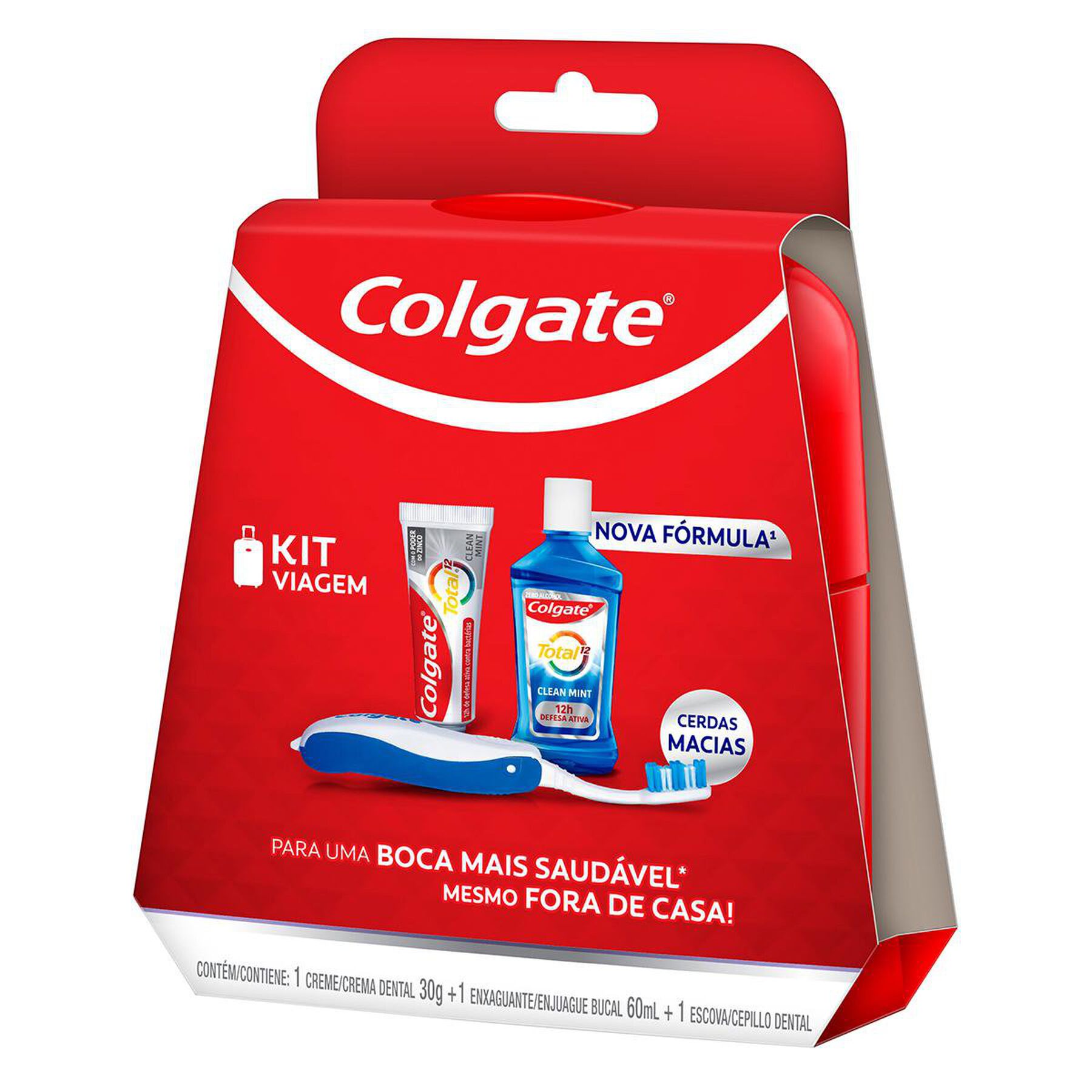 Kit Viagem Creme Dental Anticárie Clean Mint 30g + Enxaguante Bucal Antibacteriano Clean Mint 60ml + Escova Dental Macia + Estojo Colgate Total 12