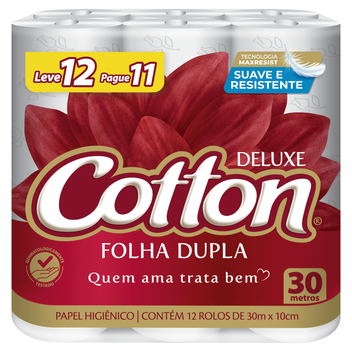 Papel Higi&ecirc;nico Folha Dupla Deluxe Cotton 30m Pacote C/12 Unidades - Embalagem Leve 12 Pague 11 Unidades