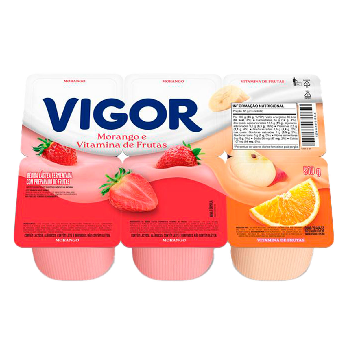 Bebida L&aacute;ctea Fermentada Morango + Vitamina de Frutas Vigor Todo Dia Bandeja 510g C/6 Unidades
