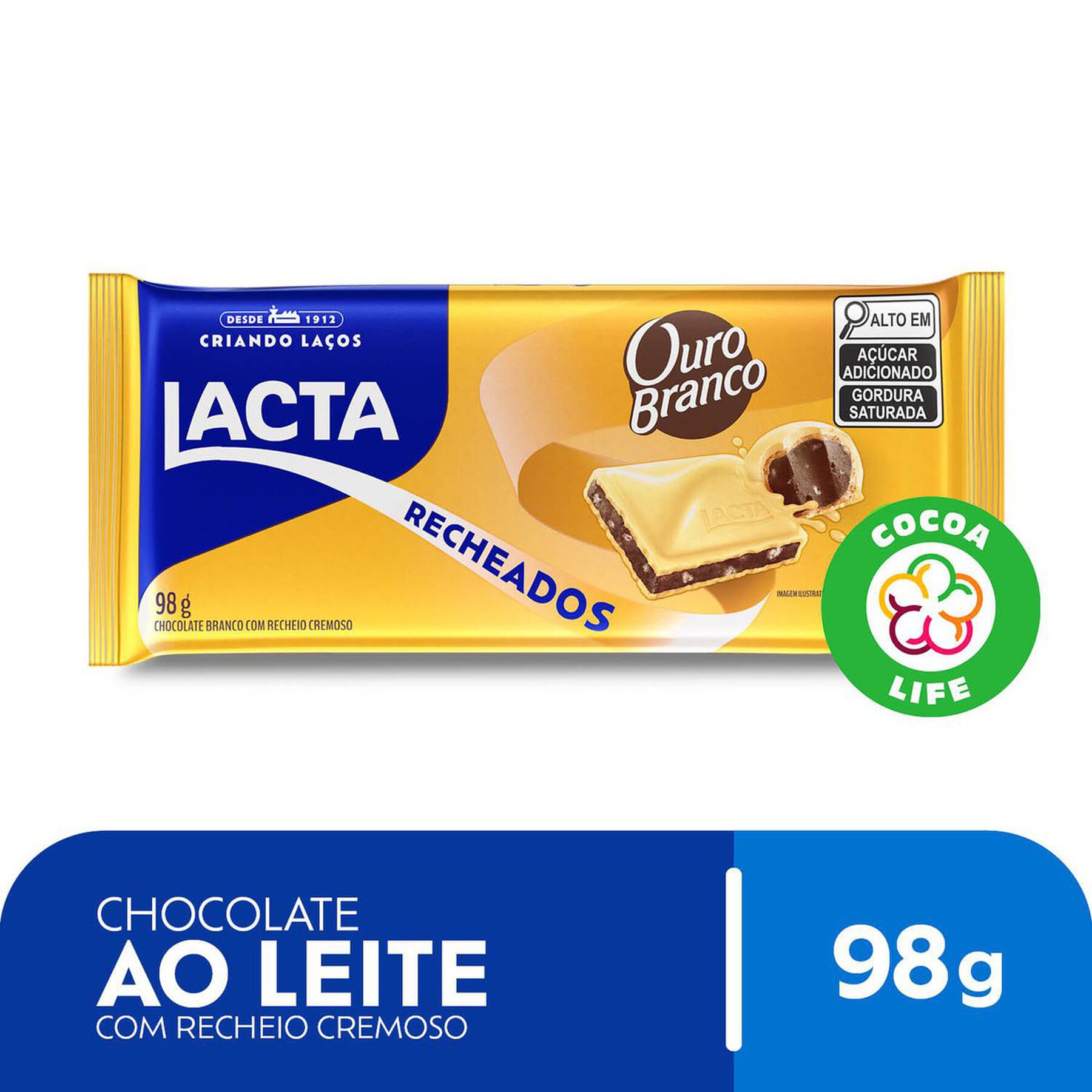Barra de Chocolate Branco Recheio Ouro Branco Lacta Recheados Pacote 98g