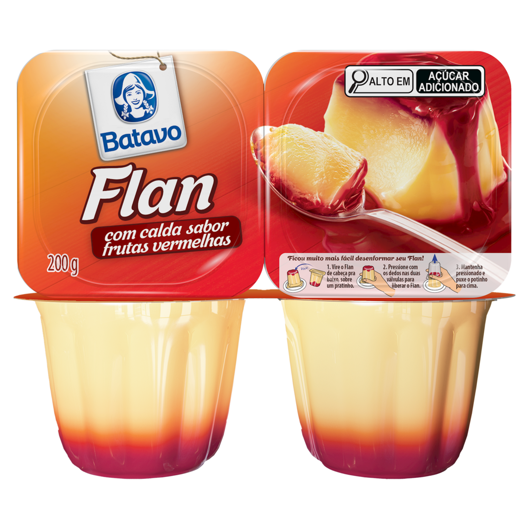 Sobremesa Láctea Flan Baunilha com Calda de Frutas Vermelhas Batavo Bandeja 200g 2 Unidades