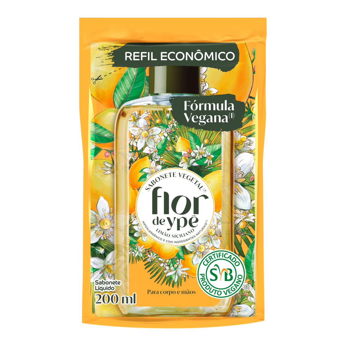 Sabonete L&iacute;quido Vegetal Lim&atilde;o-Siciliano Flor de Yp&ecirc; Sach&ecirc; 200ml Refil Econ&ocirc;mico