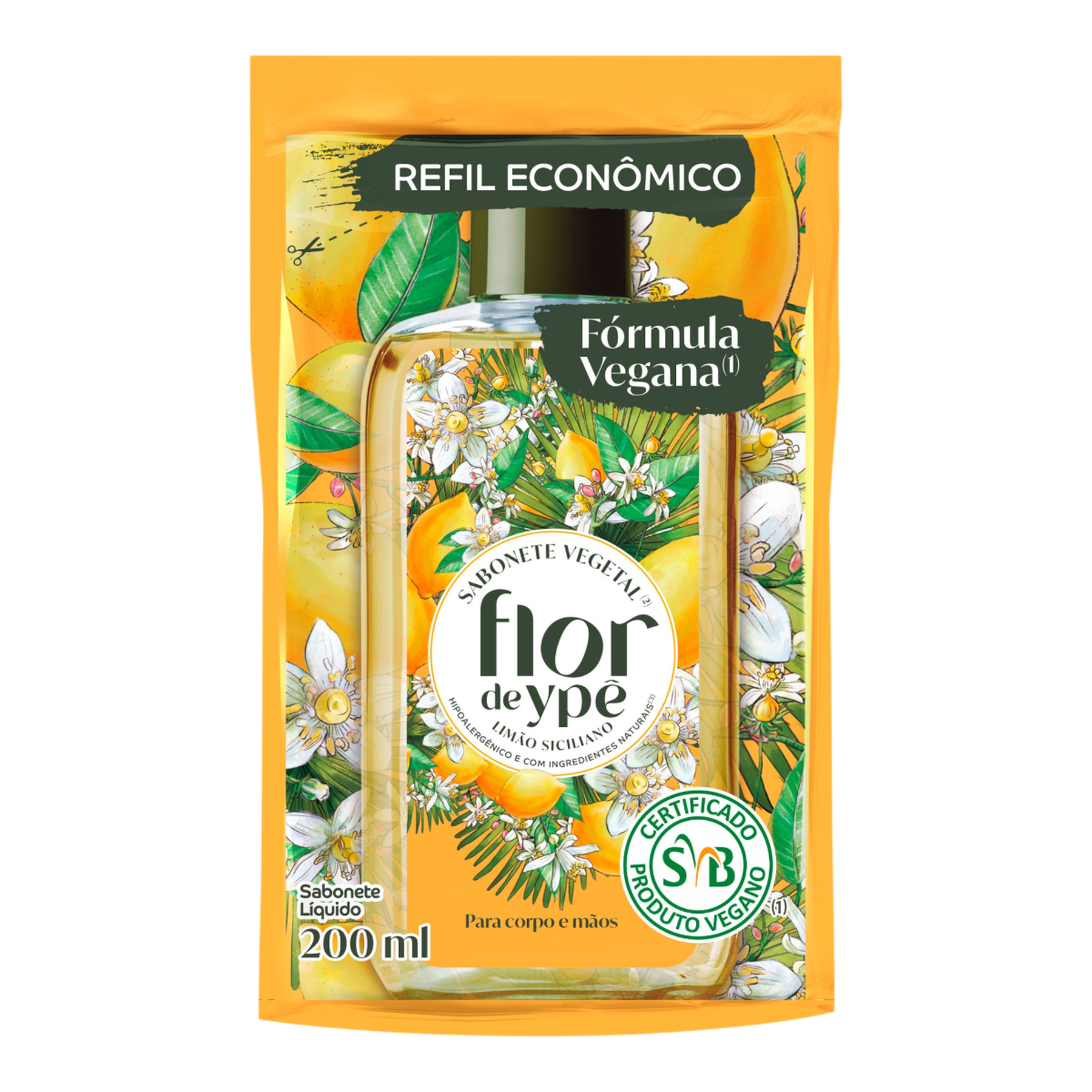 Sabonete L&iacute;quido Vegetal Lim&atilde;o-Siciliano Flor de Yp&ecirc; Sach&ecirc; 200ml Refil Econ&ocirc;mico