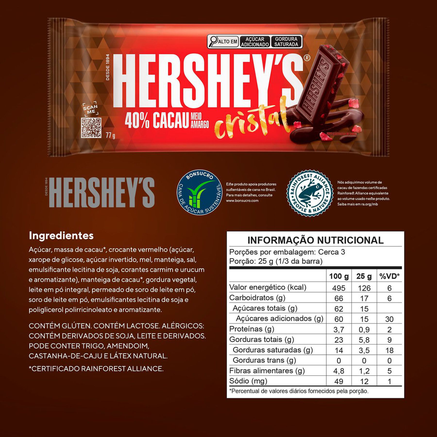 Barra de Chocolate Meio Amargo 40% Cacau Cristal Hershey's Pacote 77g