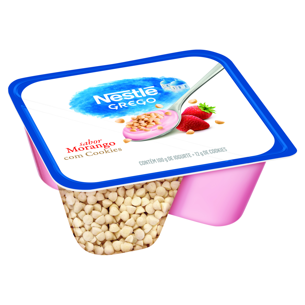Iogurte Integral Morango com Cookies Grego Nestl&eacute; Bandeja 112g