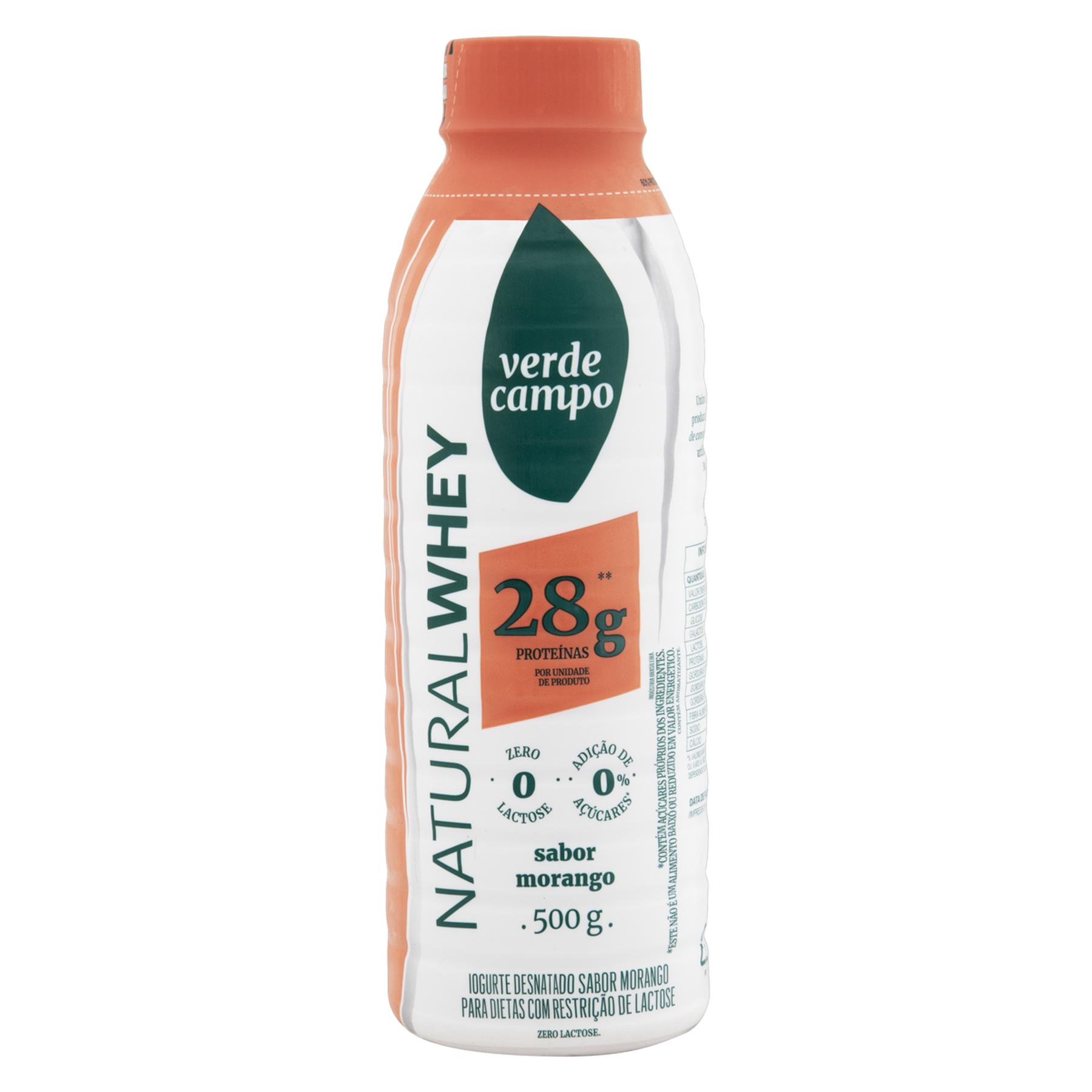 Iogurte Desnatado Morango Zero Lactose Verde Campo Natural Whey 28g de Proteína Garrafa 500g