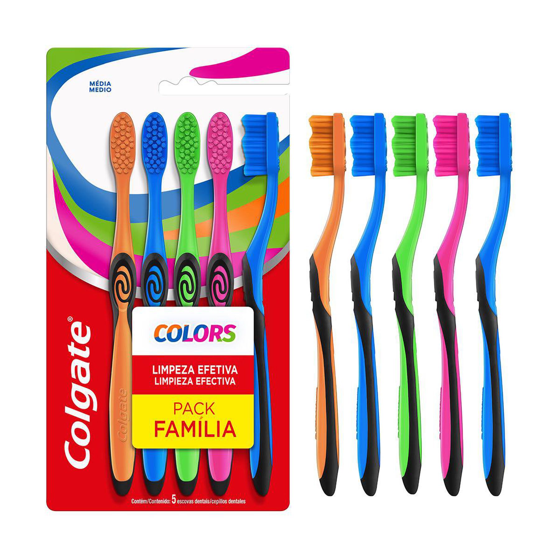 Escova Dental M&eacute;dia Limpeza Efetiva Colors Colgate C/05 Unidades&nbsp;