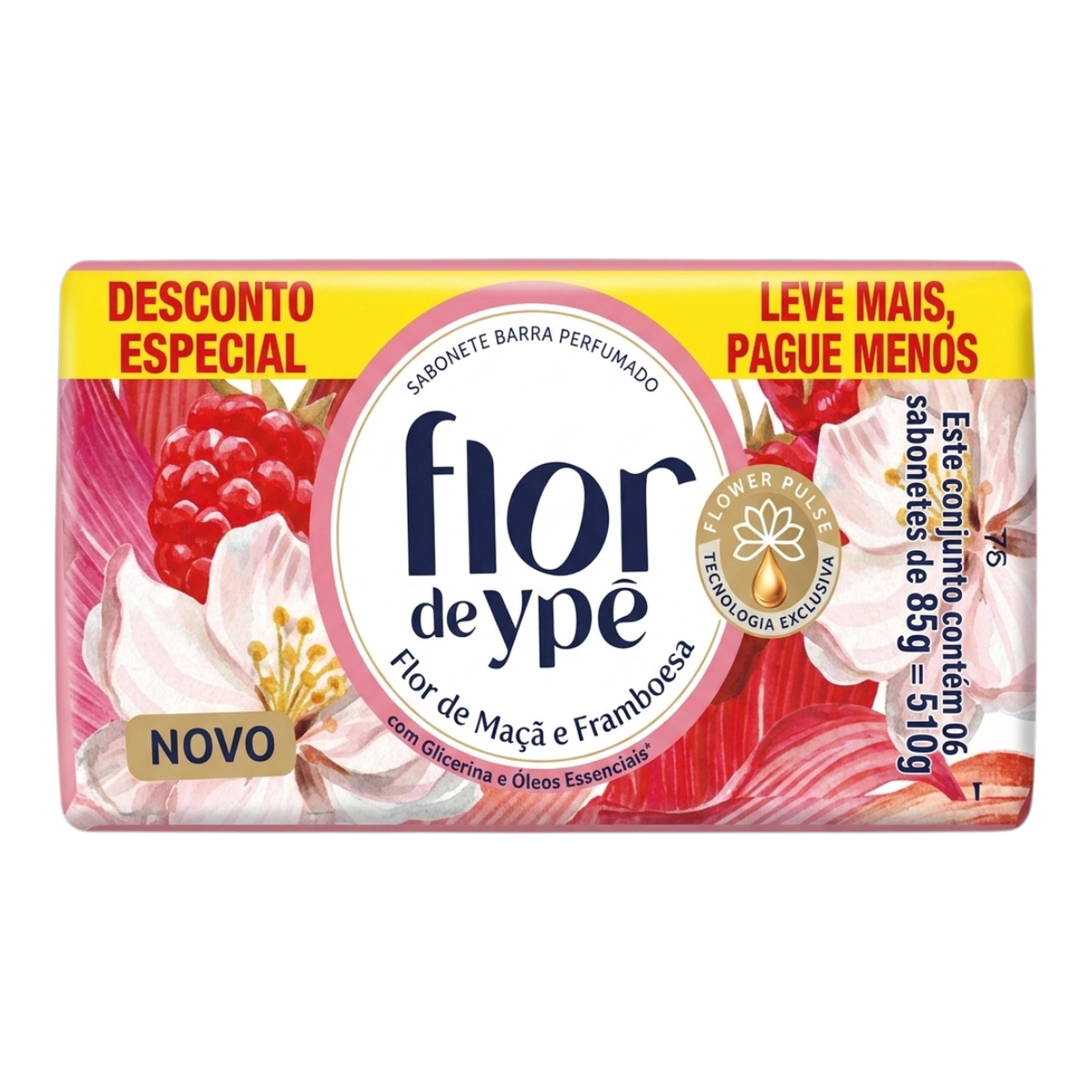 Pack Sabonete Barra Perfumado Flor de Ma&ccedil;&atilde; e Framboesa Flor de Yp&ecirc; Envolt&oacute;rio 510g 6 Unidades 85g Cada
