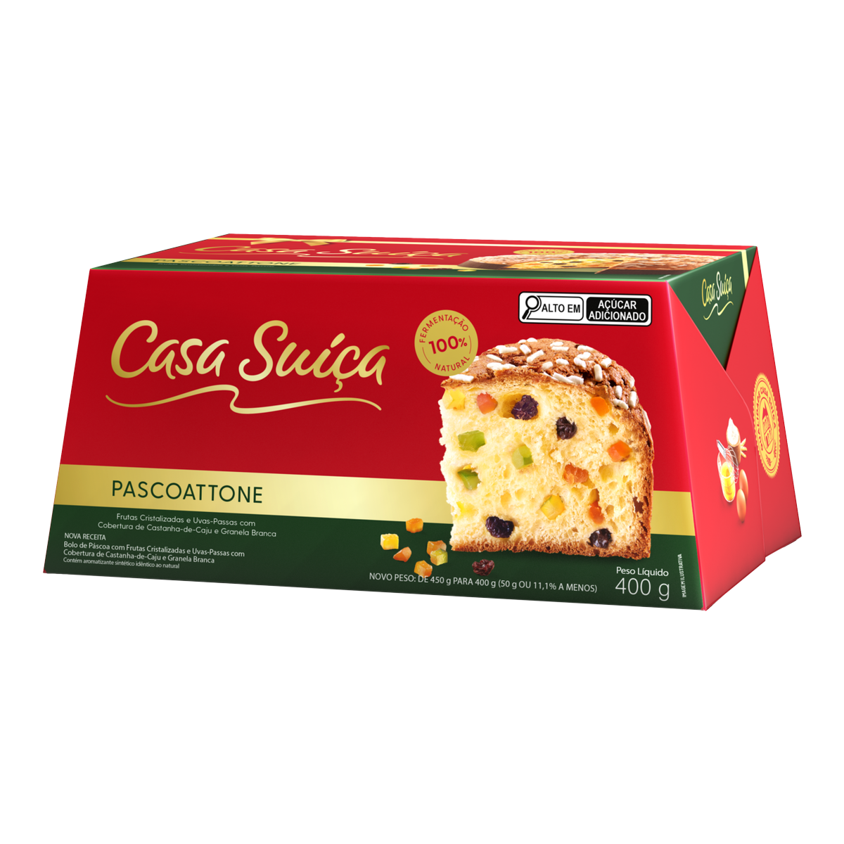 Bolo de P&aacute;scoa com Frutas Cristalizadas e Uvas-Passas Cobertura Castanha-de-Caju e Granela Branca Pascoattone Casa Su&iacute;&ccedil;a Caixa 400g