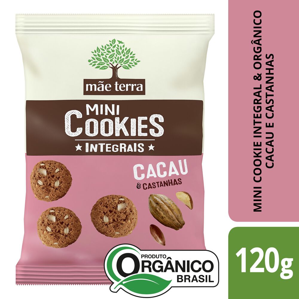 Biscoito Integral Org&acirc;nico Cacau & Castanhas M&atilde;e Terra Mini Cookies Pacote 120g&nbsp;