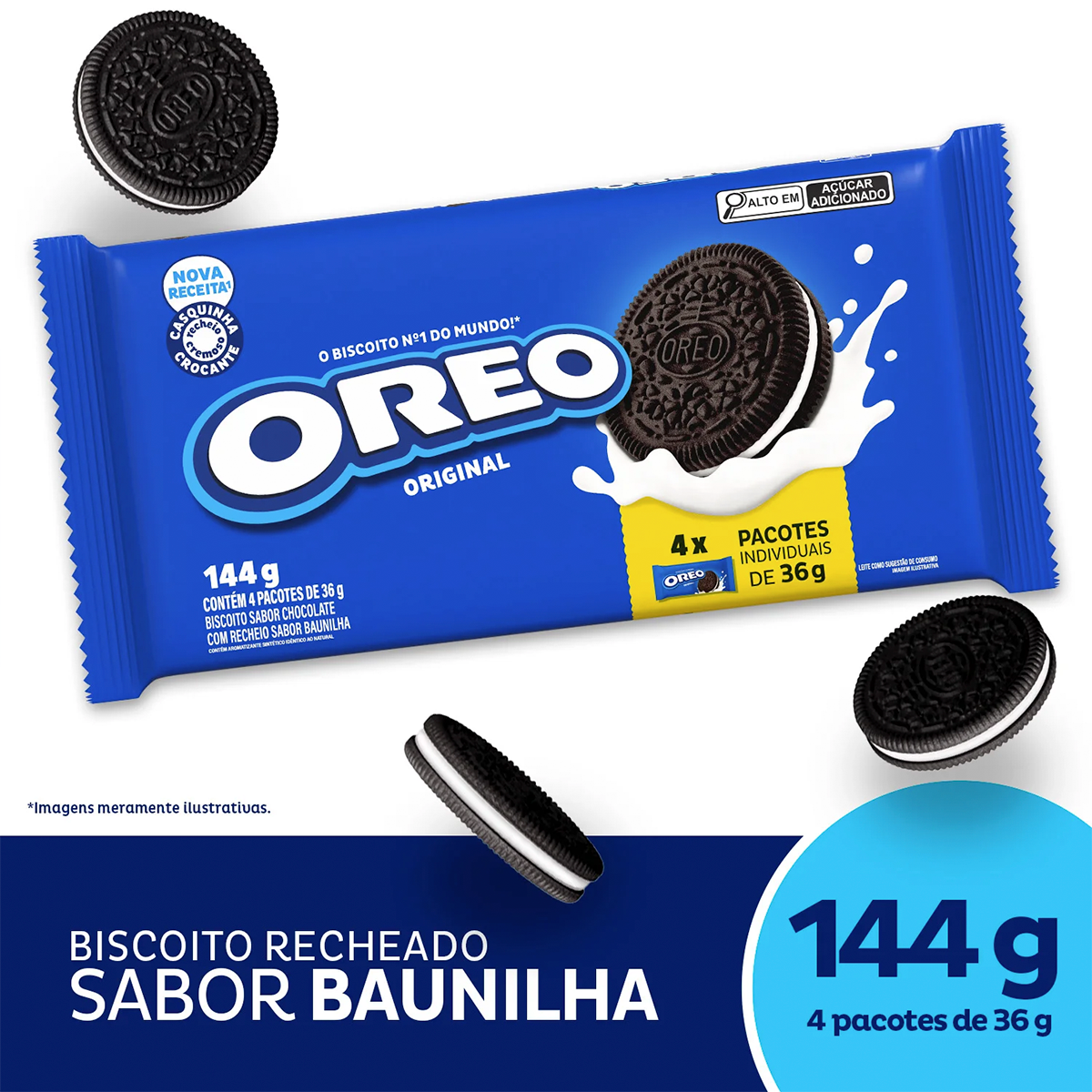 Biscoito Chocolate Recheio Baunilha Oreo Pacote 144g C/4 Unidades