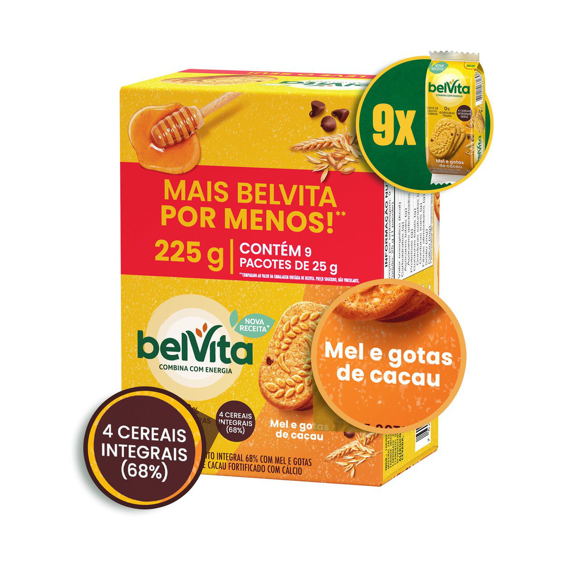 Biscoito Integral Mel e Gotas de Cacau Belvita Caixa 225g C/9 Unidades - Embalagem Leve Mais Pague Menos&nbsp;