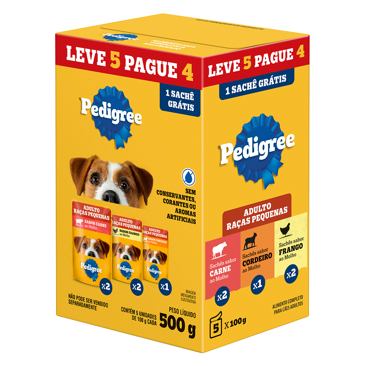 Alimentos para C&atilde;es Adultos Ra&ccedil;as Pequenas (2 Carne + 2 Frango + 1 Cordeiro) Pedigree Caixa 500g - Embalagem Leve 5 Pague 4