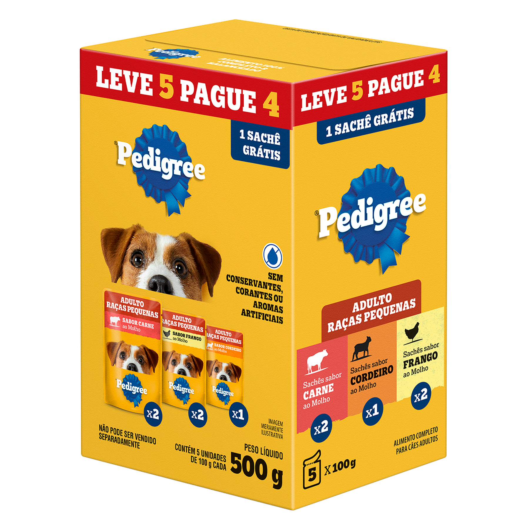 Alimentos para Cães Adultos Raças Pequenas (2 Carne + 2 Frango + 1 Cordeiro) Pedigree Caixa 500g - Embalagem Leve 5 Pague 4