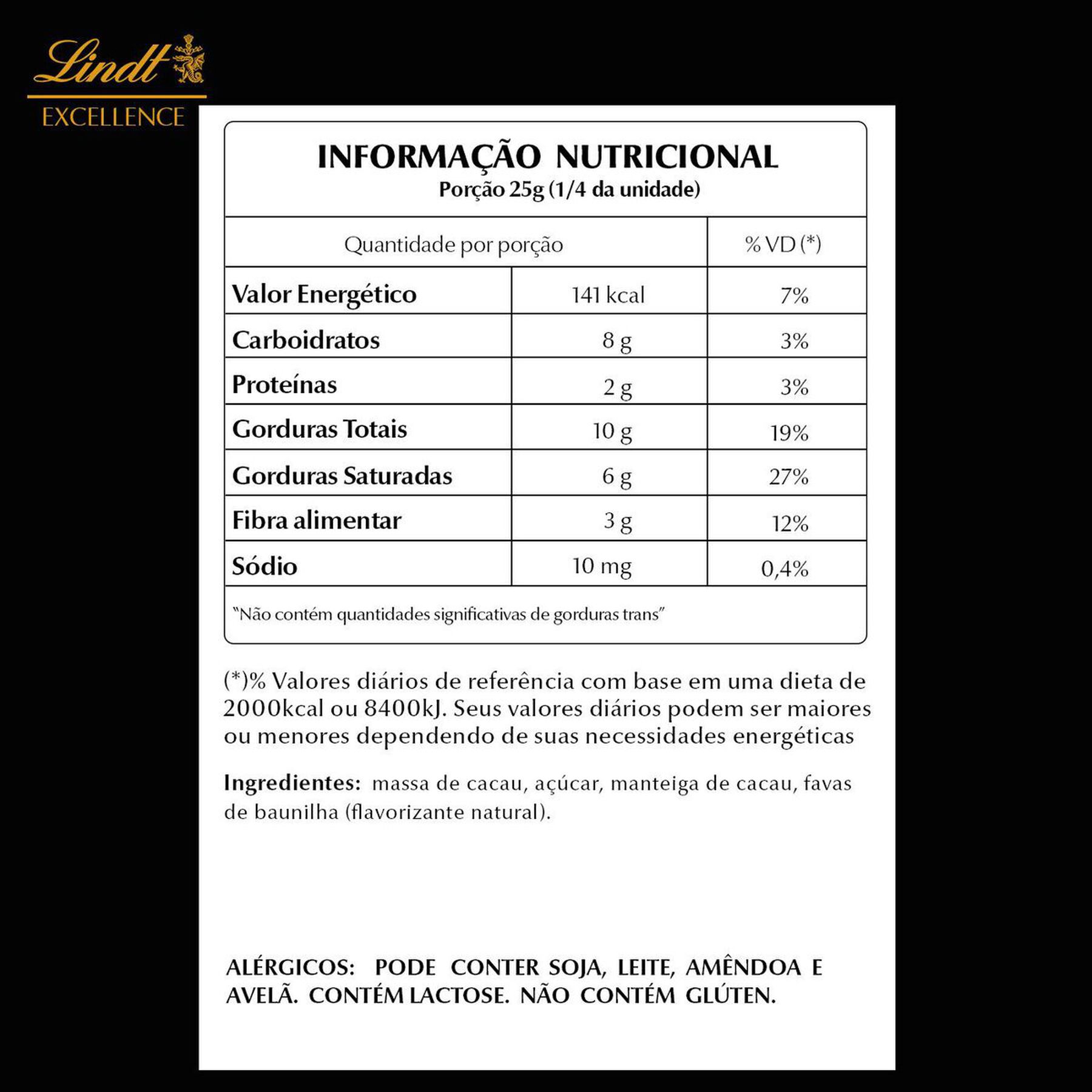 Chocolate Amargo 70% Cacau Lindt Excellence Caixa 100g&nbsp;
