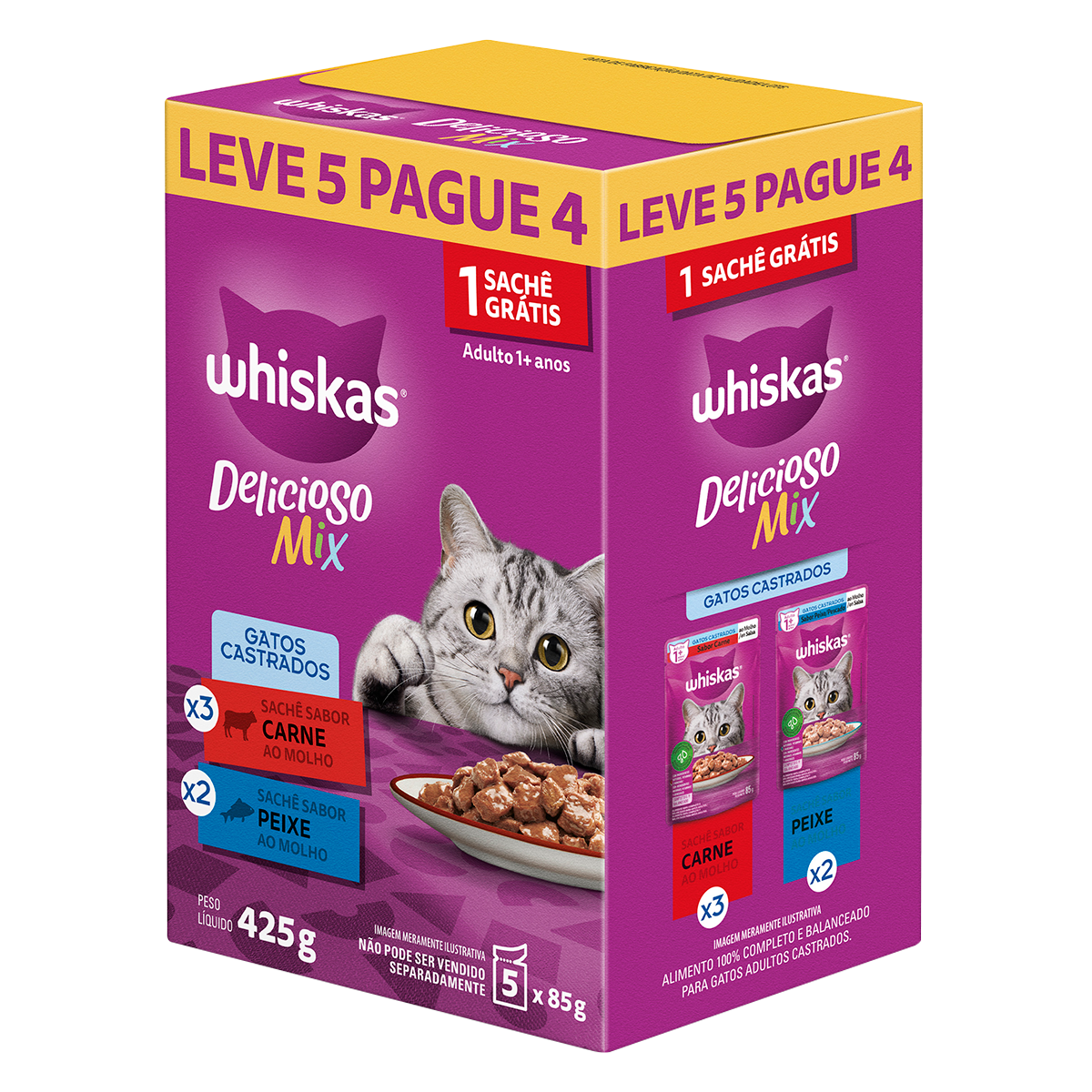 Alimentos para Gatos Adultos Castrados (3 Carne + 2 Peixe) Delicioso Mix Whiskas Caixa 425g - Embalagem Leve 5 Pague 4