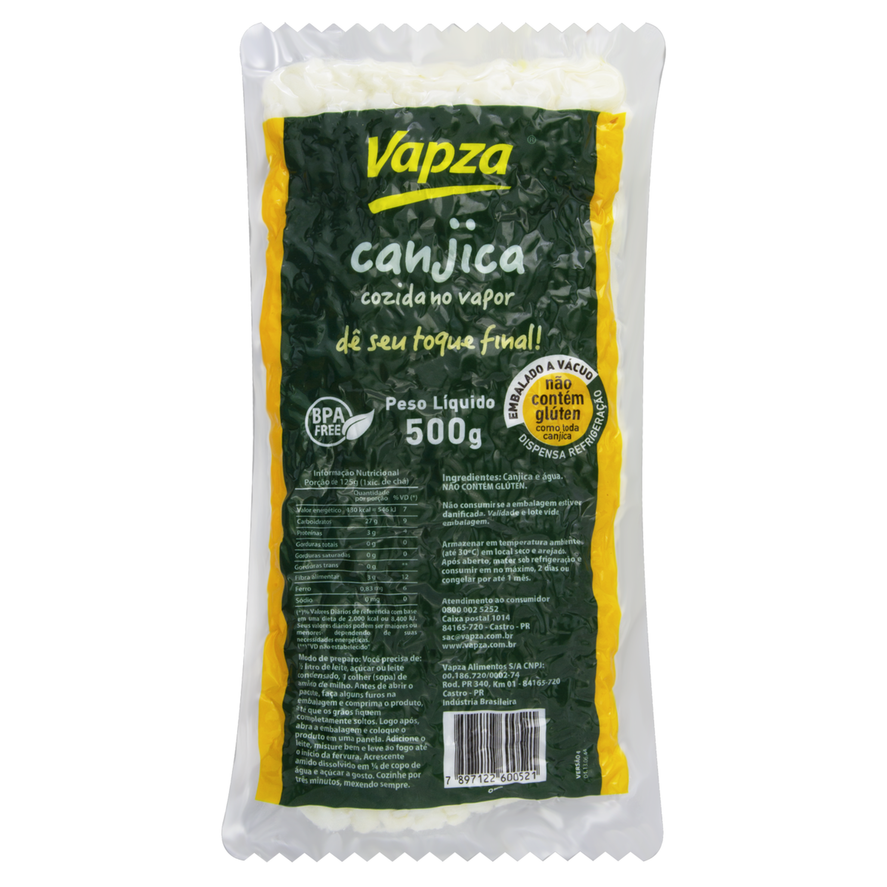 Canjica de Milho Cozida no Vapor Vapza Pacote 500g&nbsp;