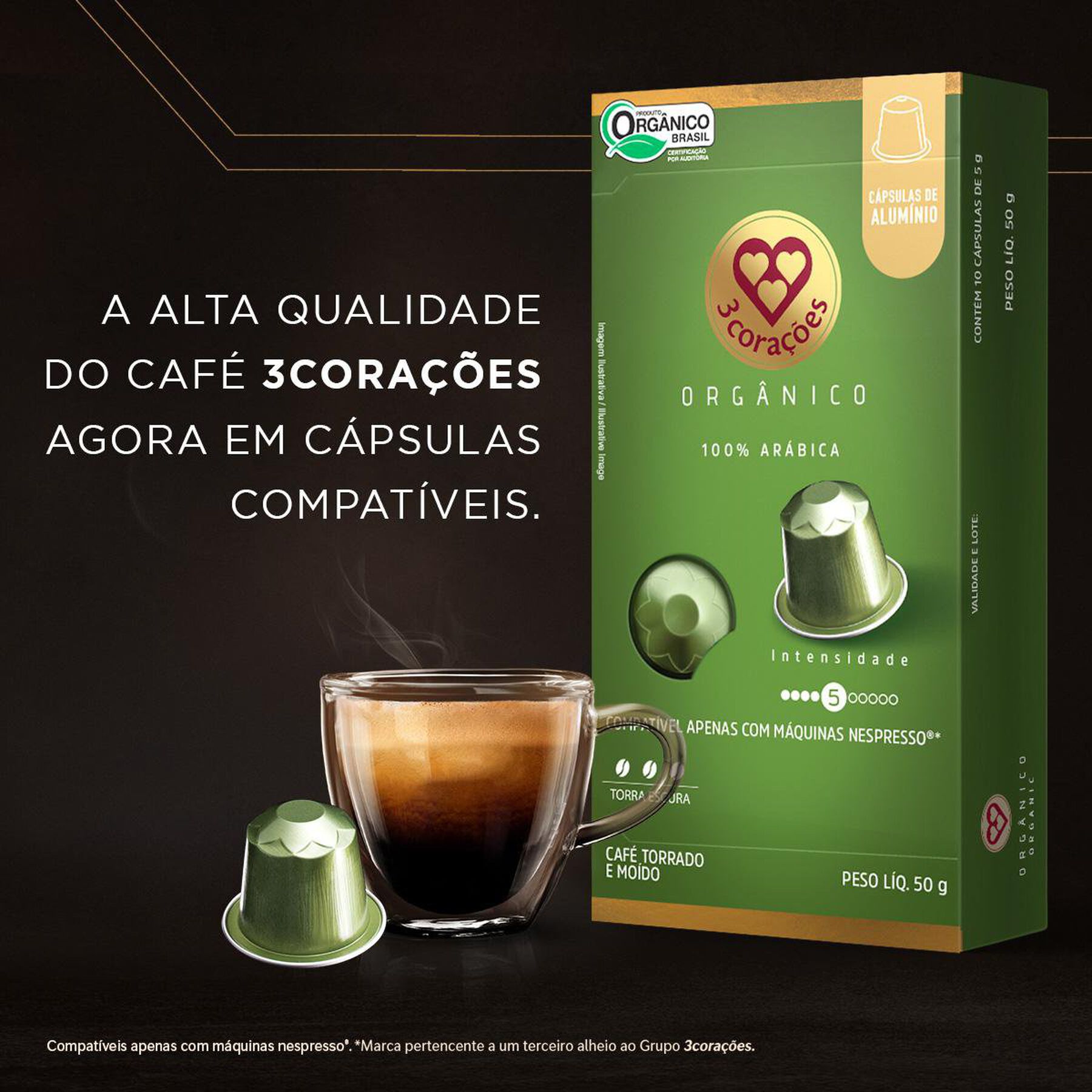 Café em Cápsula Torrado e Moído Orgânico 3 Corações Caixa 50g C/10 Unidades