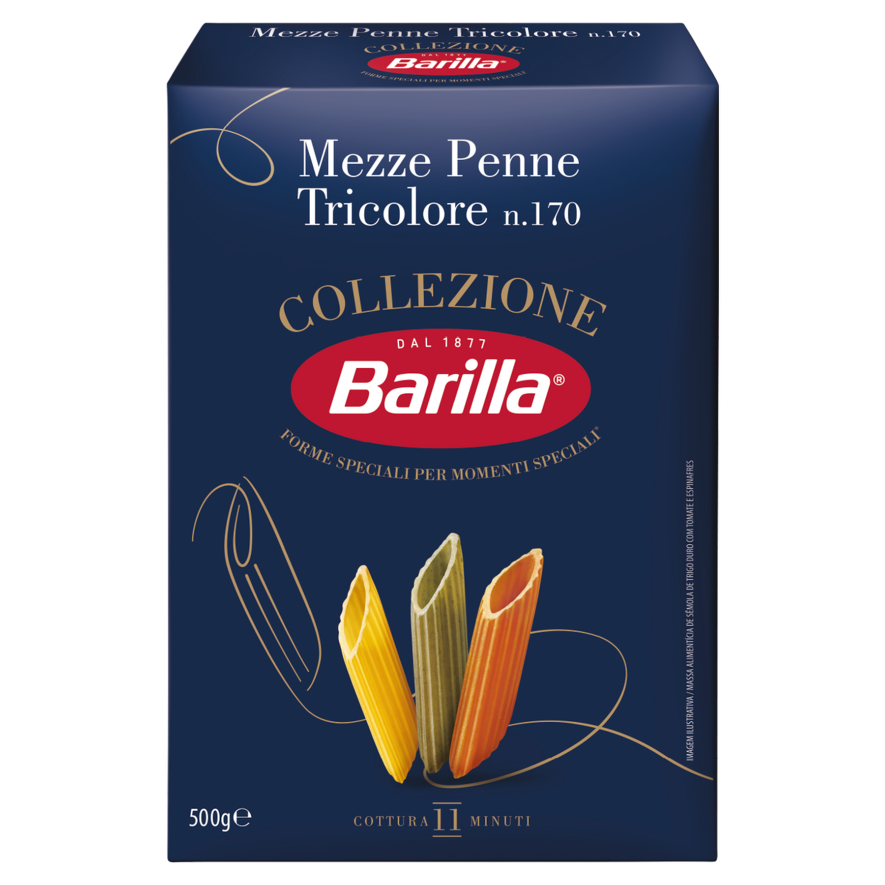 Macarr&atilde;o de S&ecirc;mola de Trigo Duro Tricolore Mezze Penne 170 Barilla Collezione Caixa 500g&nbsp;