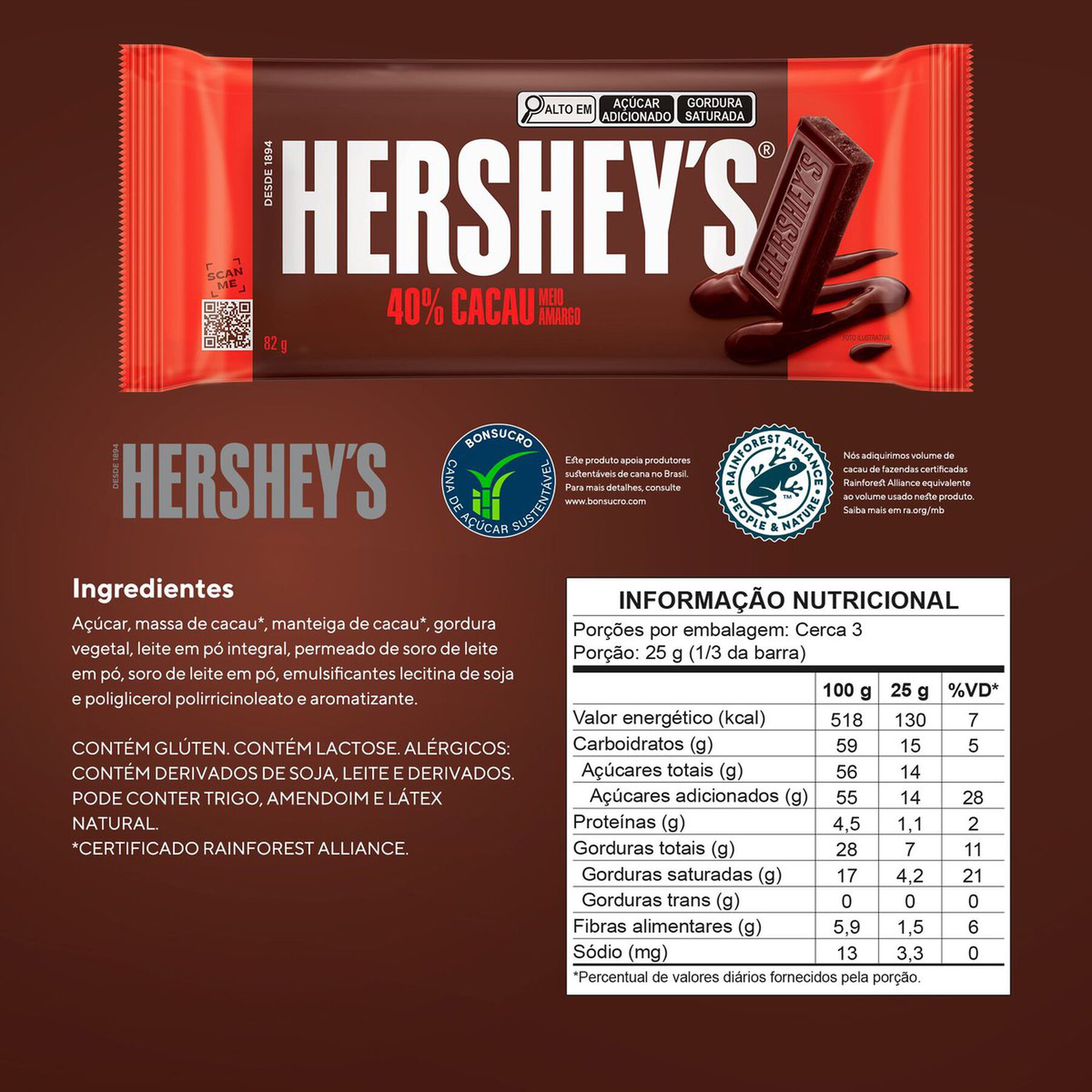 Barra de Chocolate Meio Amargo 40% Cacau Hershey's Pacote 82g