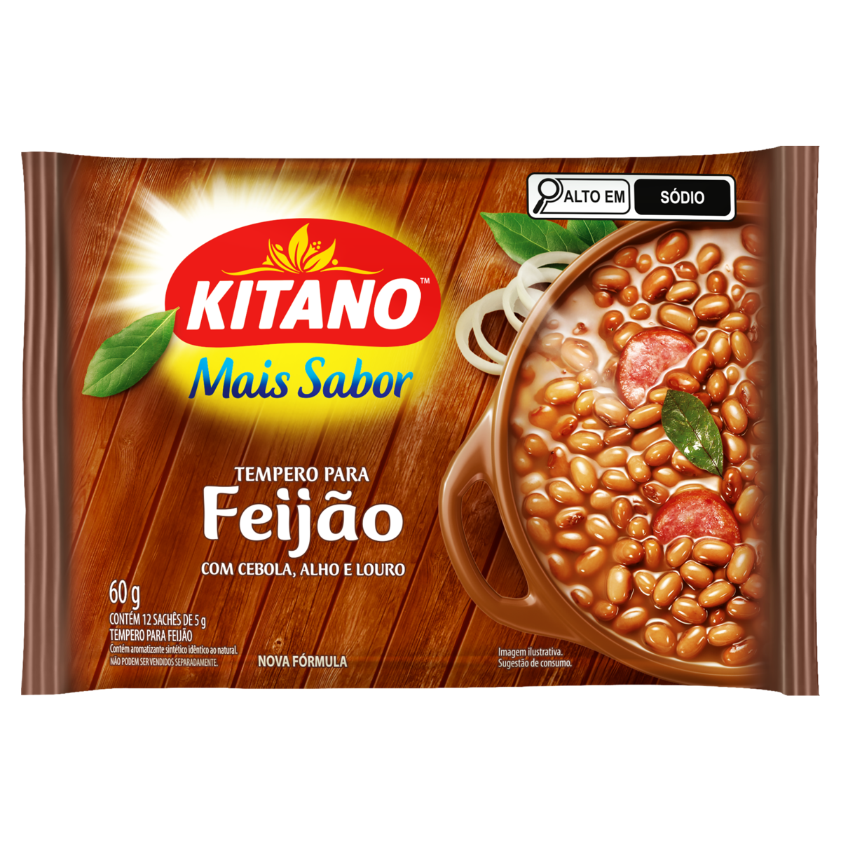 Tempero em P&oacute; para Feij&atilde;o Cebola, Louro e Bacon Mais Sabor Kitano Pacote 60g 12 Unidades&nbsp;