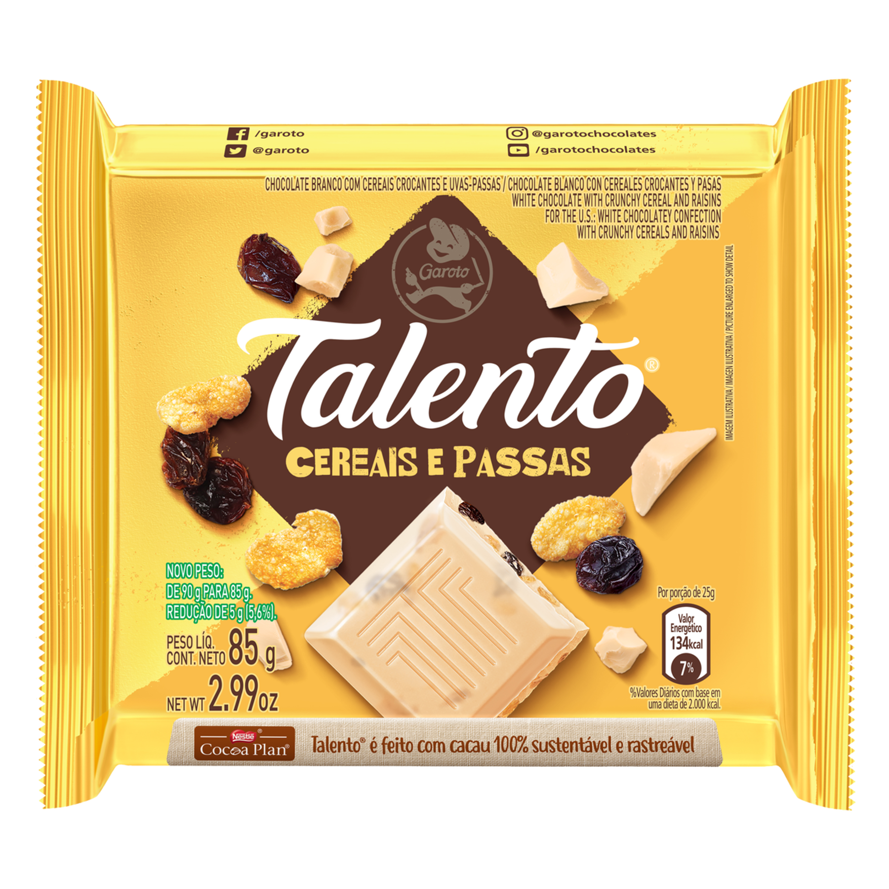 Chocolate Branco com Cereais e Passas Garoto Talento Pacote 85g