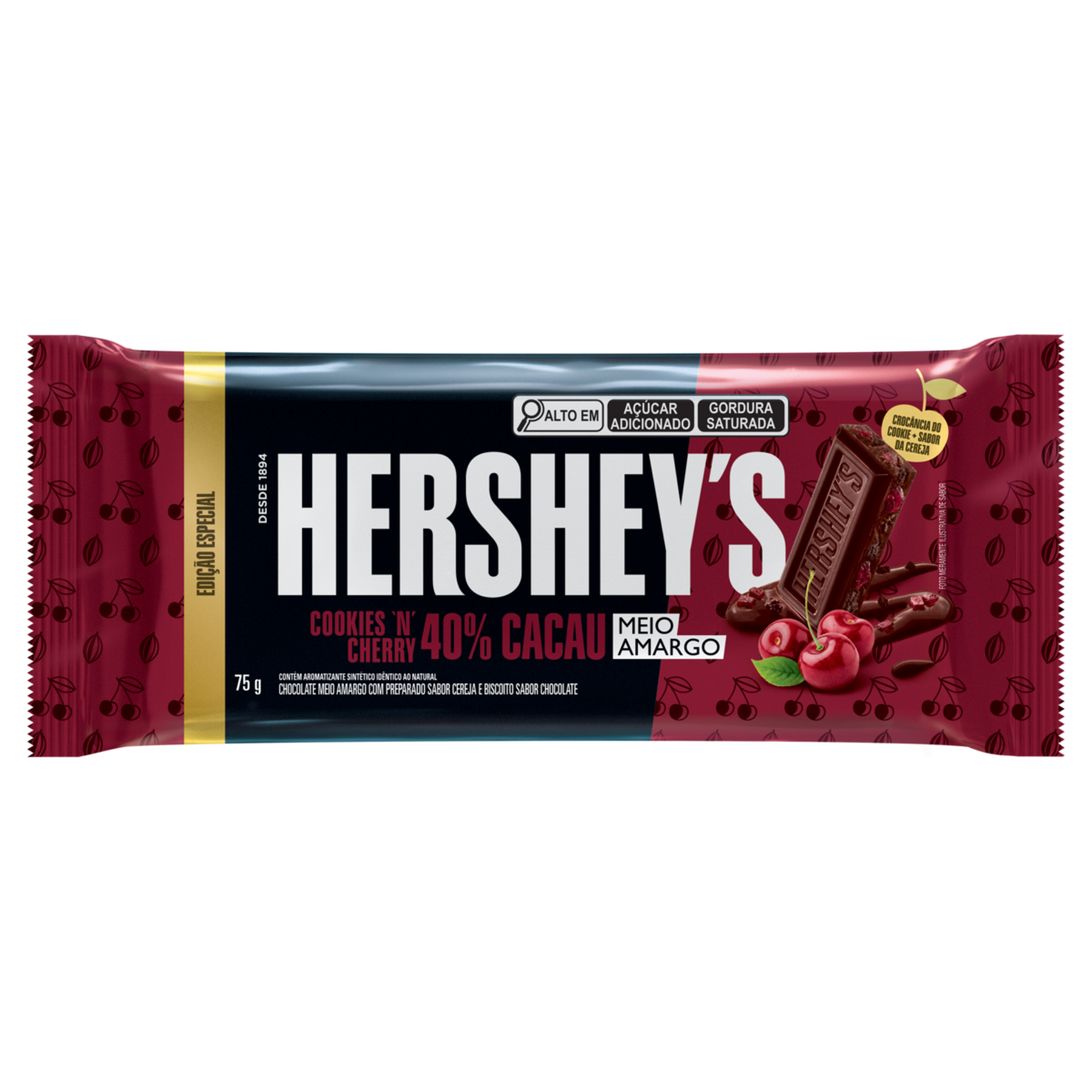 Chocolate Meio Amargo 40% Cacau Cookies 'n' Cherry Hershey's Pacote 75g