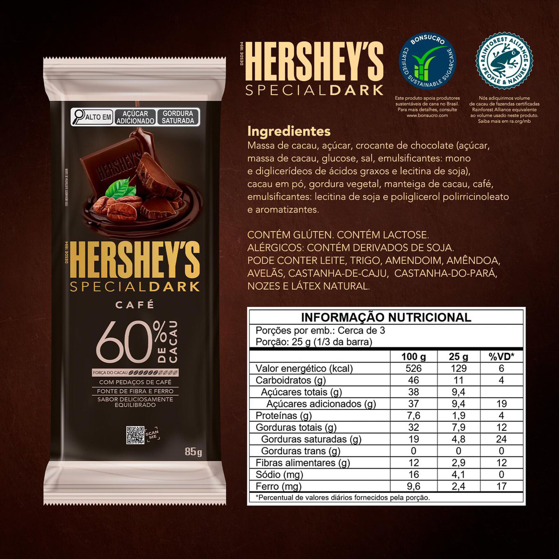 Chocolate Amargo 60% Cacau Café Hersheys Special Dark Pacote 85g