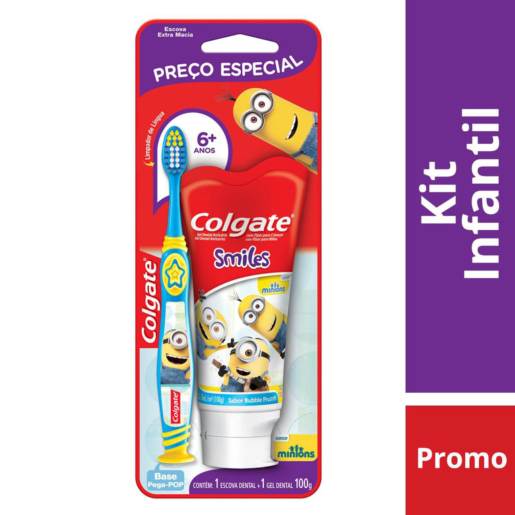 Escova Dental Infantil Extra Macia Suave + Gel Dental Infantil com Fl&uacute;or Bubble Fruit Minions Smiles Colgate 100g - Embalagem Pre&ccedil;o Especial&nbsp;