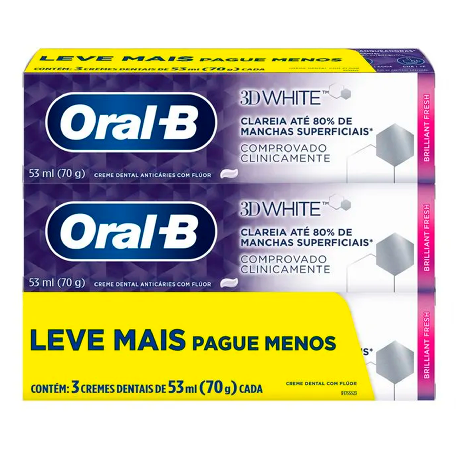 Creme Dental 3D White Brilliant Fresh Oral-B Caixa 70g C/3 Unidades - Embalagem Leve + Pague -&nbsp;