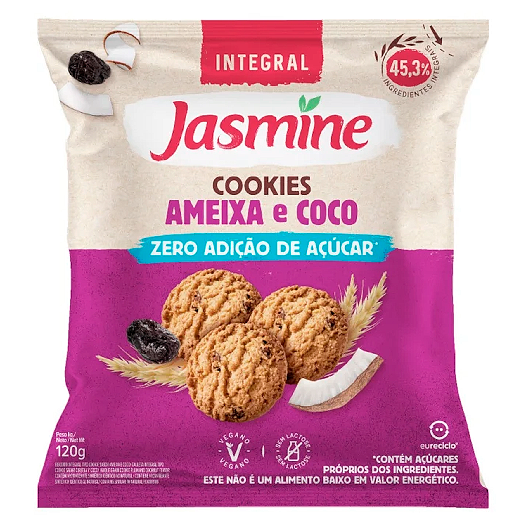 Biscoito Cookie Ameixa e Coco Zero Açúcar Integral Jasmine Pacote 120g