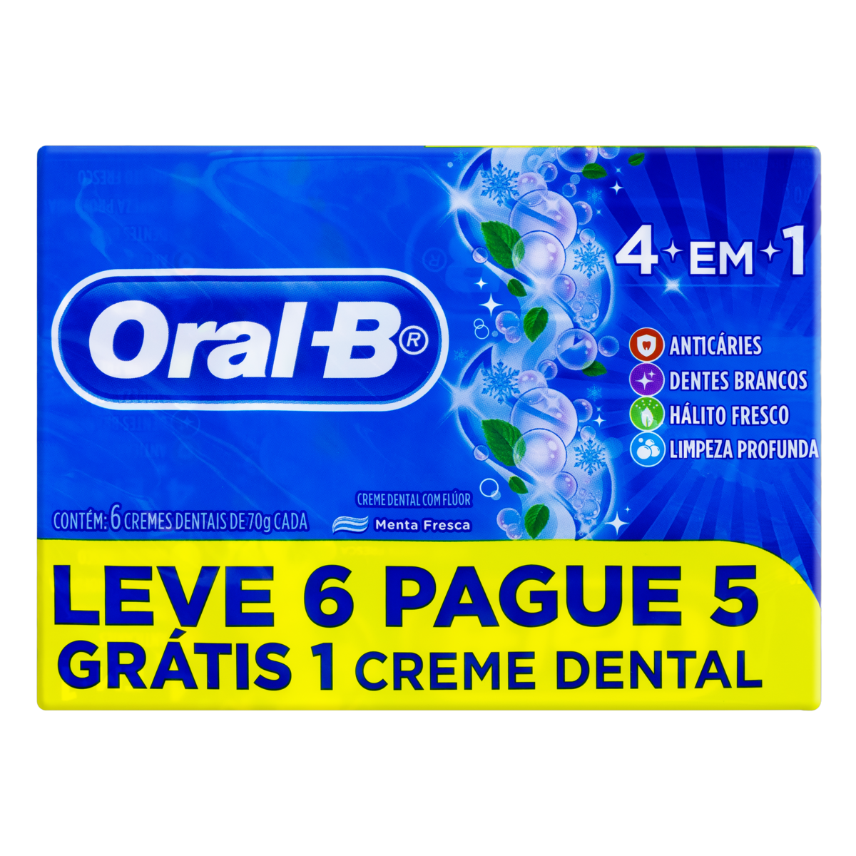 Pack Creme Dental 4 em 1 Menta Fresca Oral-B Caixa 70g Cada Leve 6 Pague 5 Unidades