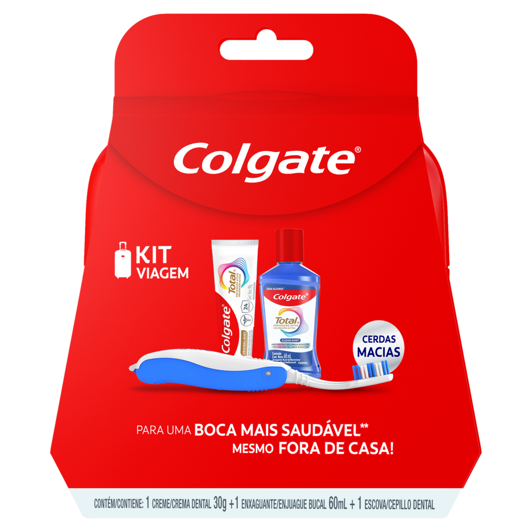 Kit Estojo + Creme Dental Antic&aacute;rie Original Mint 30g + Enxaguante Bucal Antibacteriano Clean Mint 60ml Preven&ccedil;&atilde;o Ativa + Escova Dental Macia Cabe&ccedil;a Normal Colgate Total&nbsp;