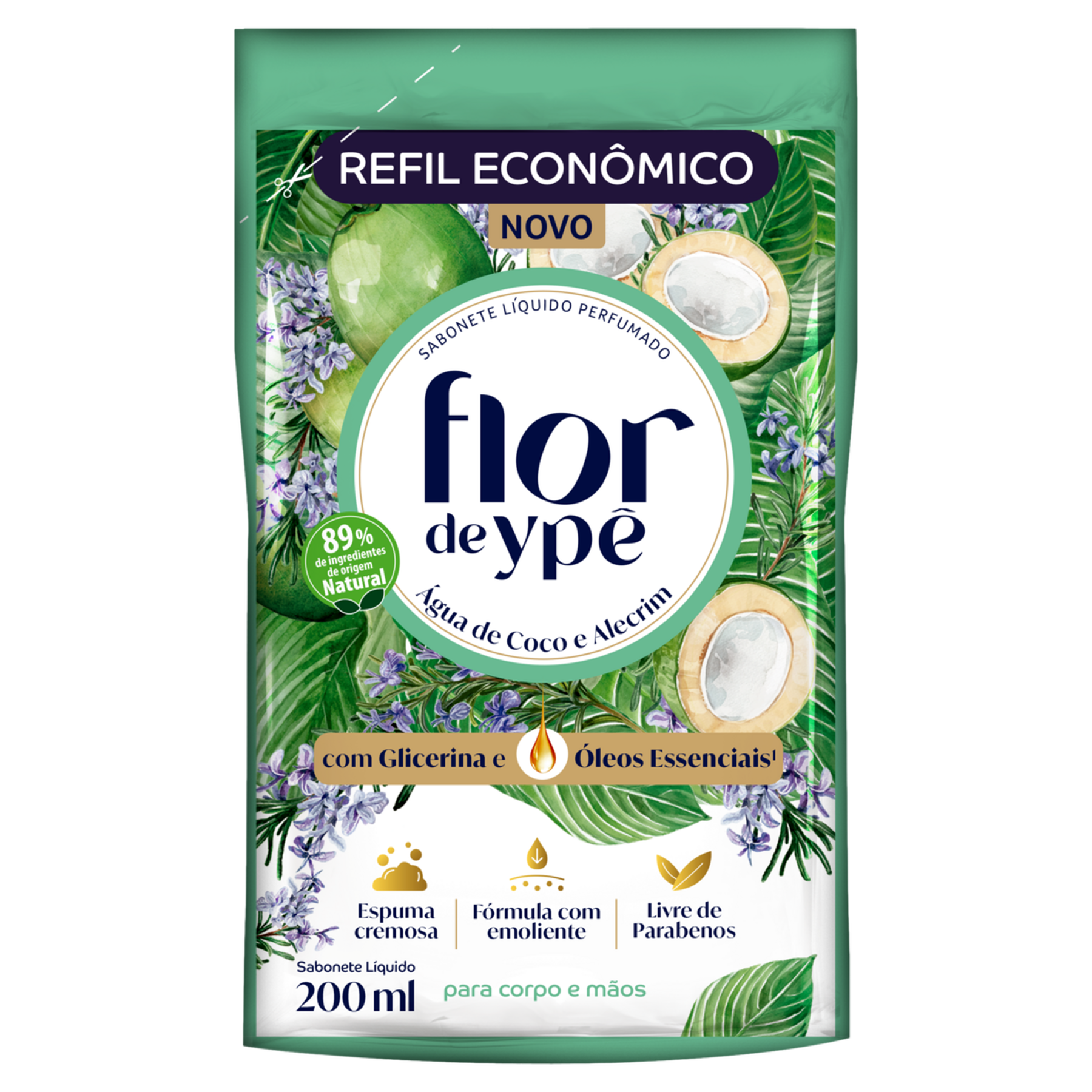Sabonete L&iacute;quido &Aacute;gua de Coco e Alecrim Flor de Yp&ecirc; Sach&ecirc; 200ml Refil Econ&ocirc;mico