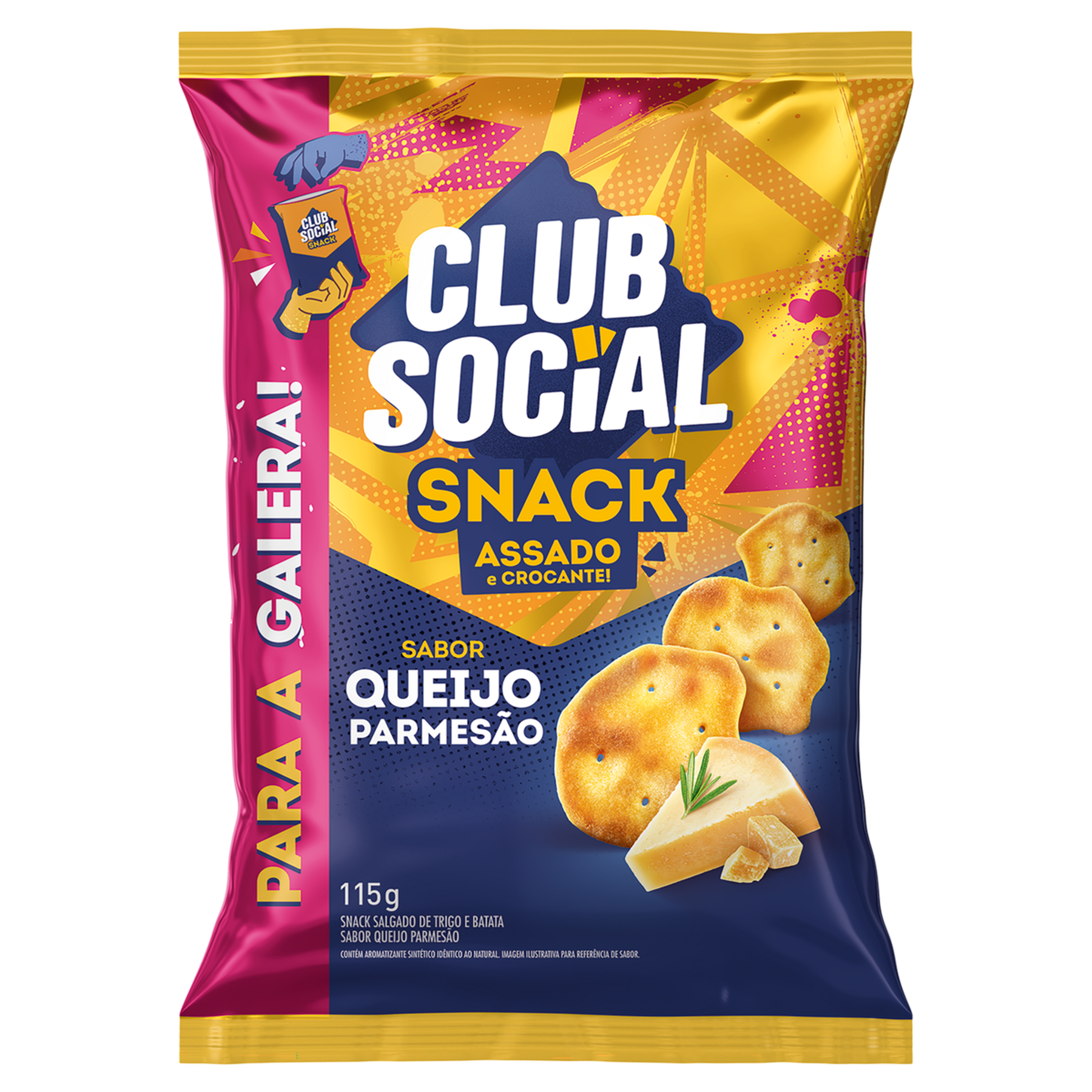 Snack de Trigo e Batata Queijo Parmes&atilde;o Club Social Pacote 115g - Embalagem para a Galera!