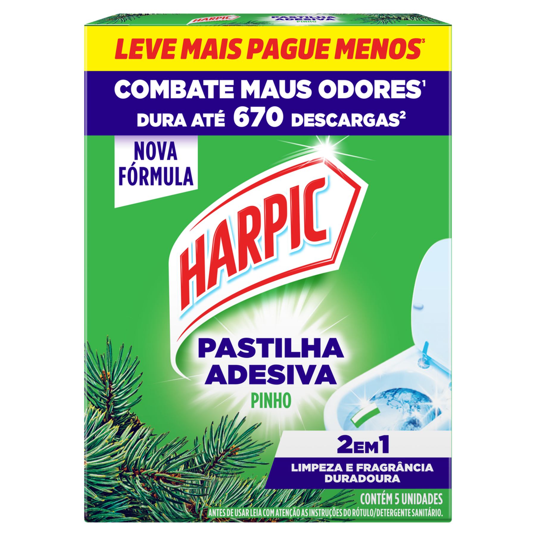 Detergente Sanit&aacute;rio Pastilha Adesiva Pinho Harpic Caixa C/5 Unidades - Embalagem Leve Mais Pague Menos