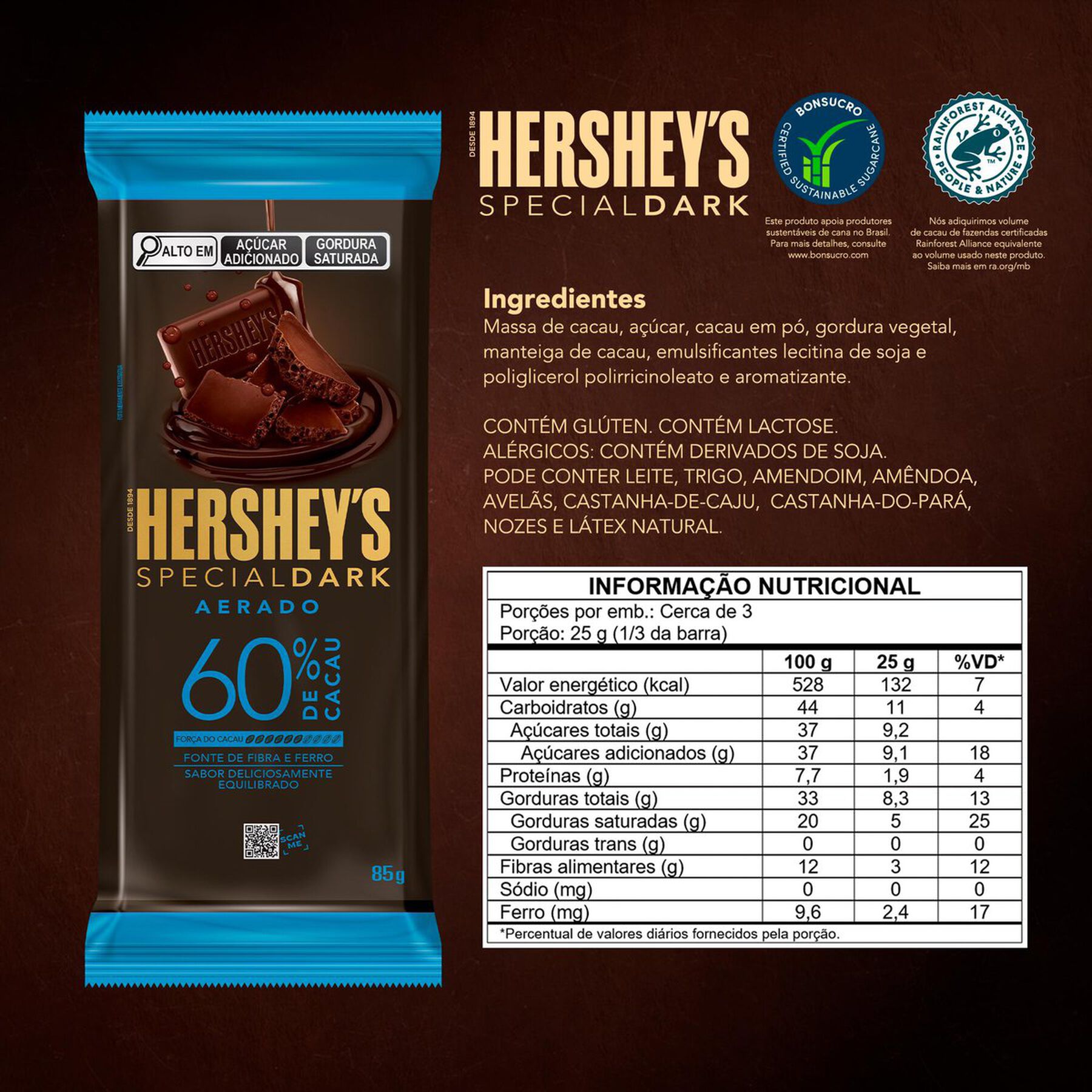Chocolate Amargo Aerado 60% Cacau Hersheys Special Dark Pacote 85g