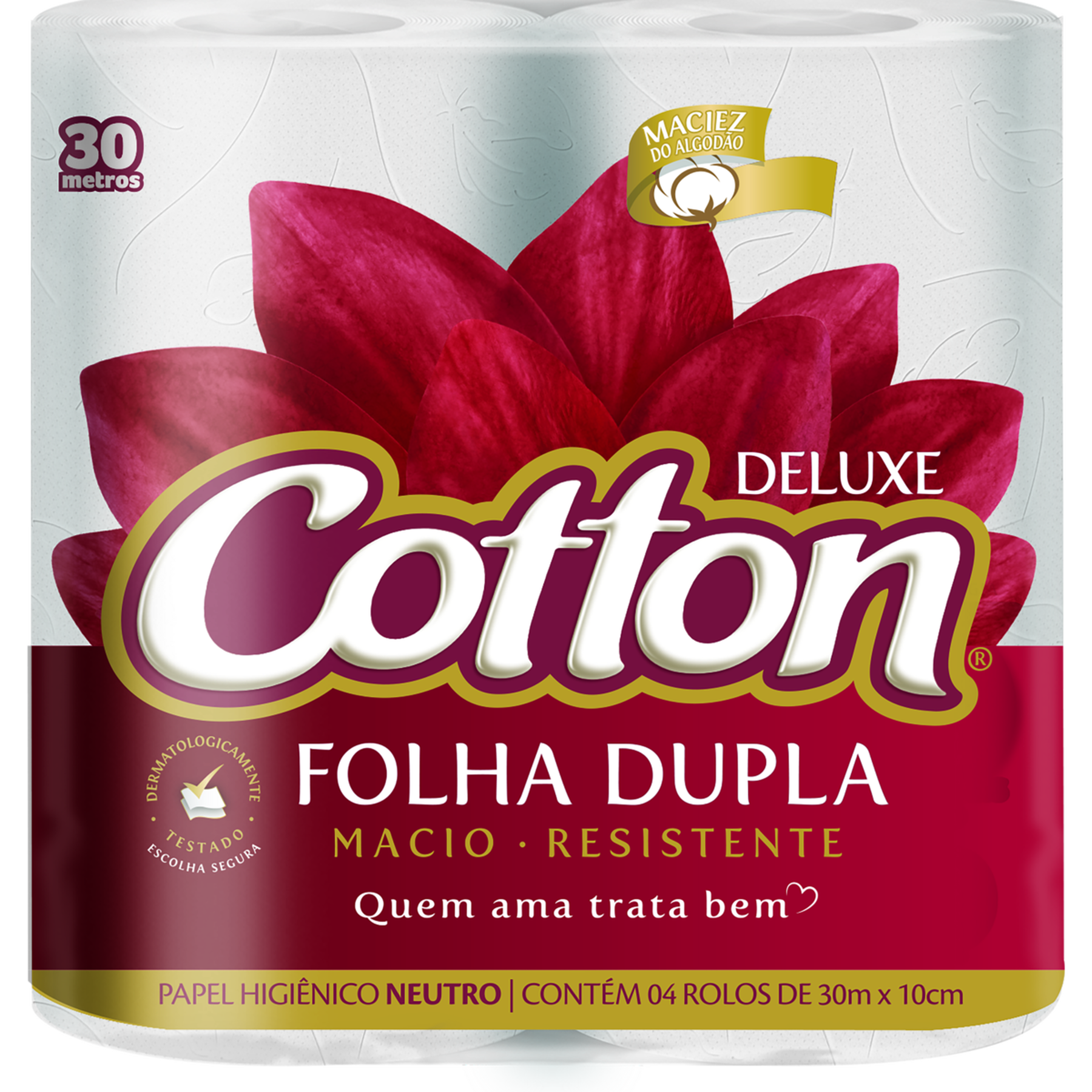 Papel Higi&ecirc;nico Folha Dupla Neutro Deluxe Cotton 30m Pacote 4 Unidades