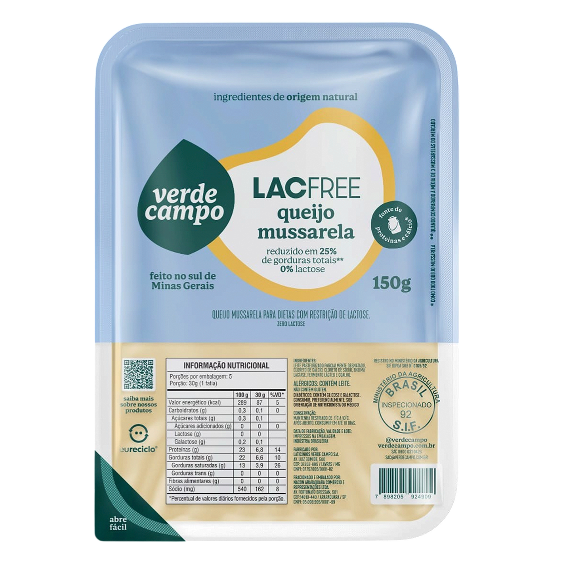 Queijo Mussarela Fatiado Lacfree Verde Campo Bandeja 150g