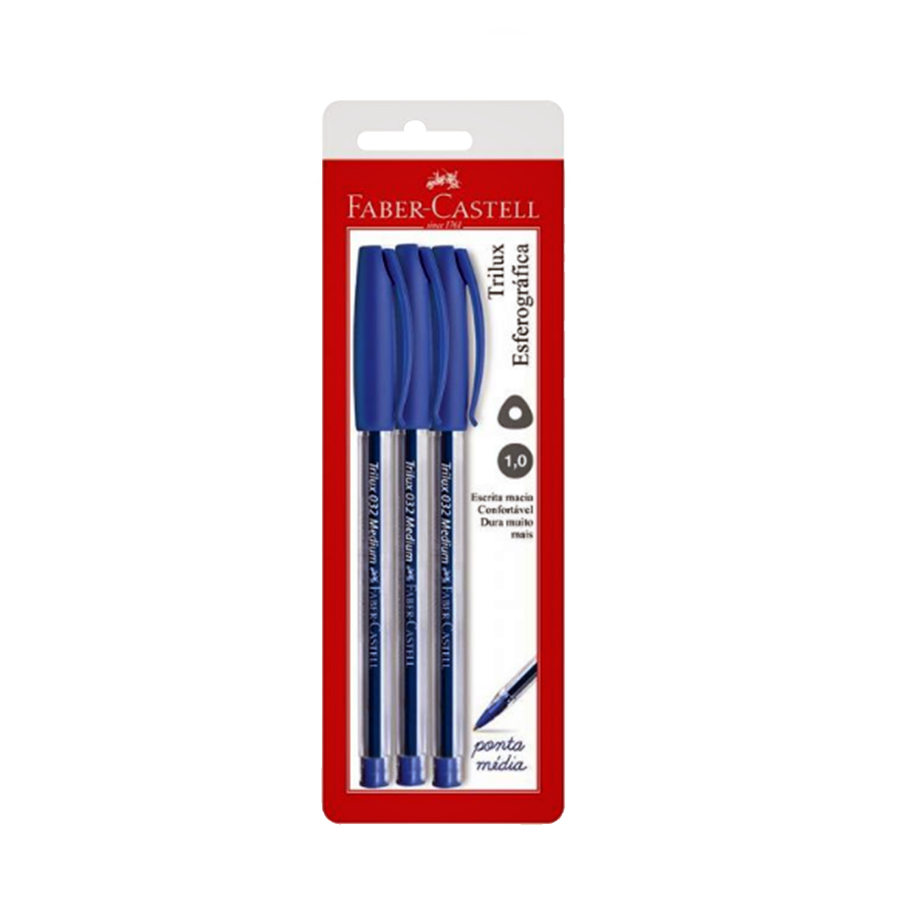 Caneta Esferográfica Ponta Média Trilux Azul Faber Castell Blister C/03 Unidades