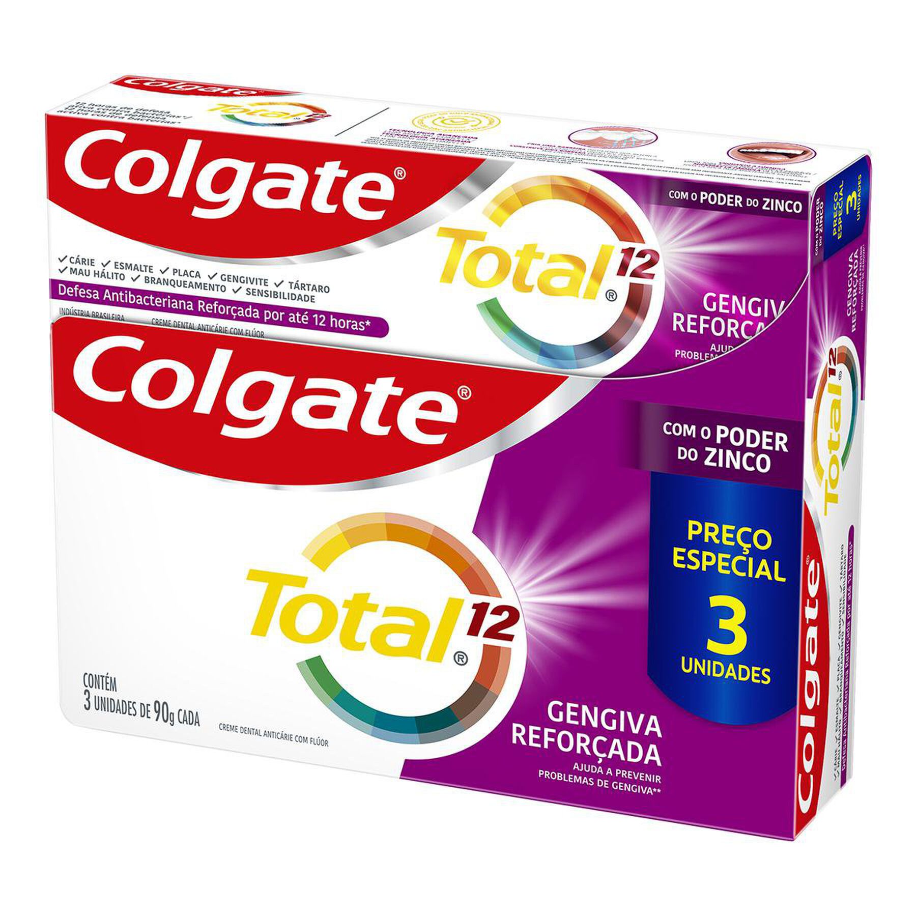 Creme Dental Colgate Total 12 Gengiva Reforçada 3 unid 90g Preço Especial