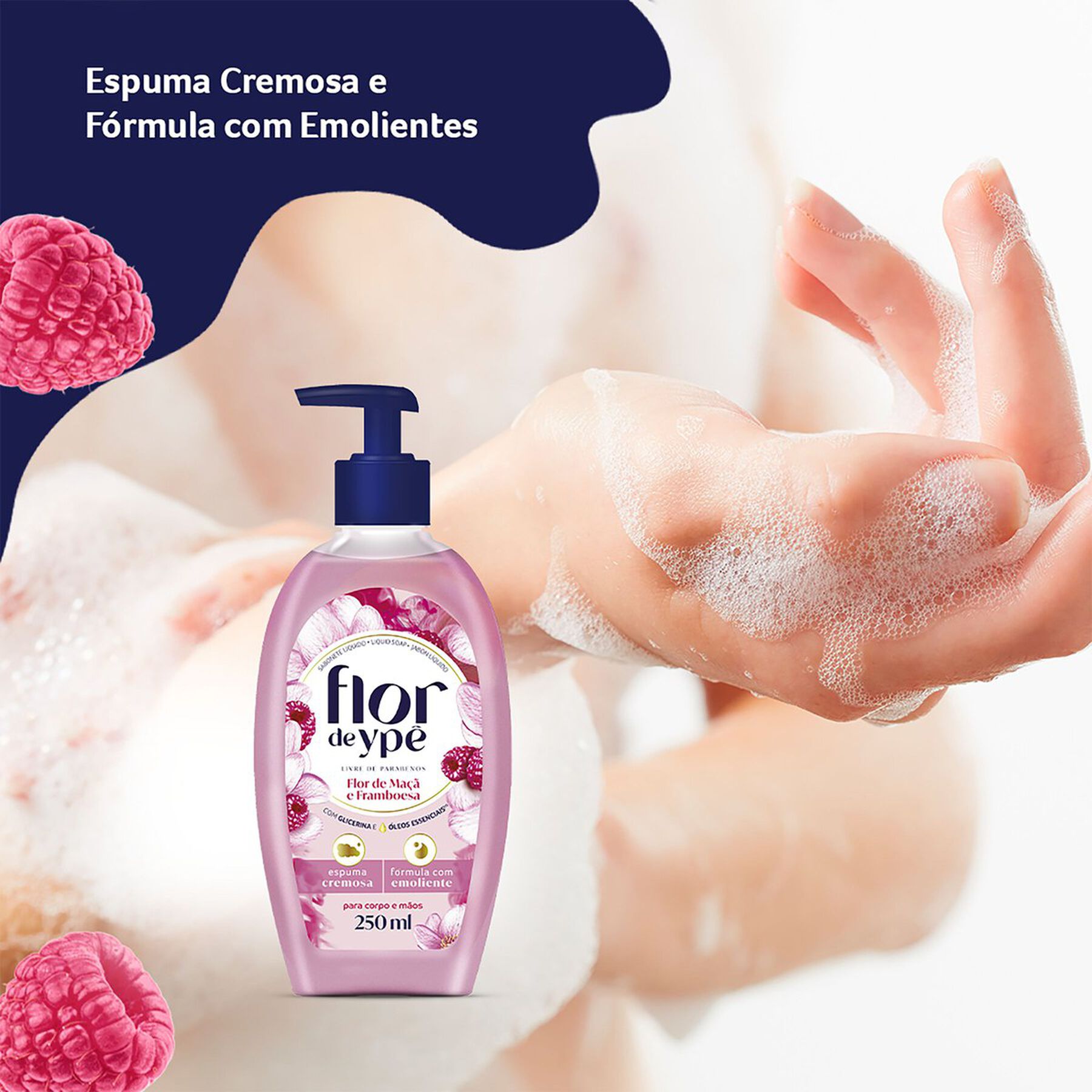Sabonete L&iacute;quido Corpo e M&atilde;os Flor de Ma&ccedil;&atilde; e Framboesa Flor de Yp&ecirc; Frasco Pump 250ml