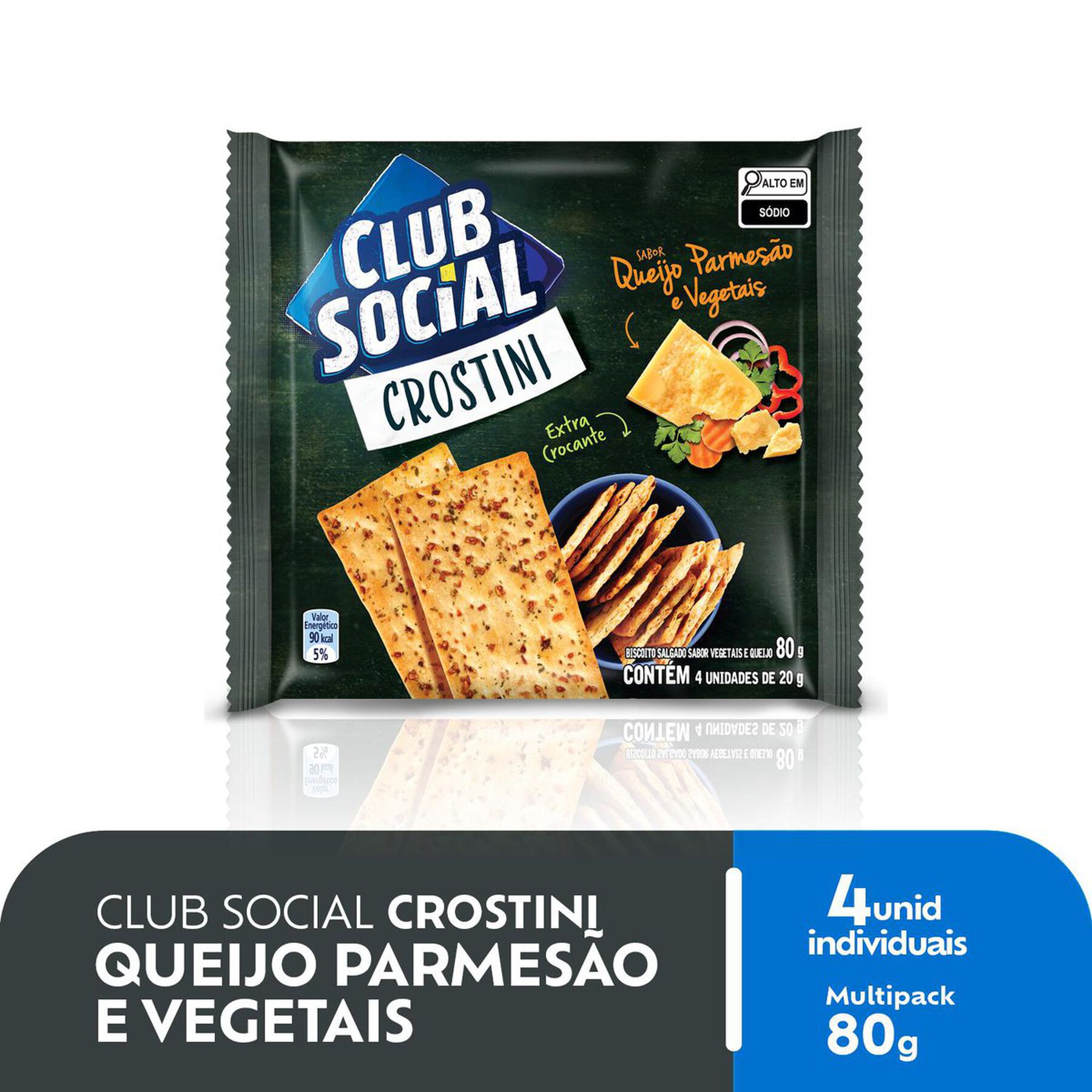 Pack Biscoito Crostini Queijo Parmes&atilde;o e Vegetais Club Social Pacote 80g 4 Unidades&nbsp;