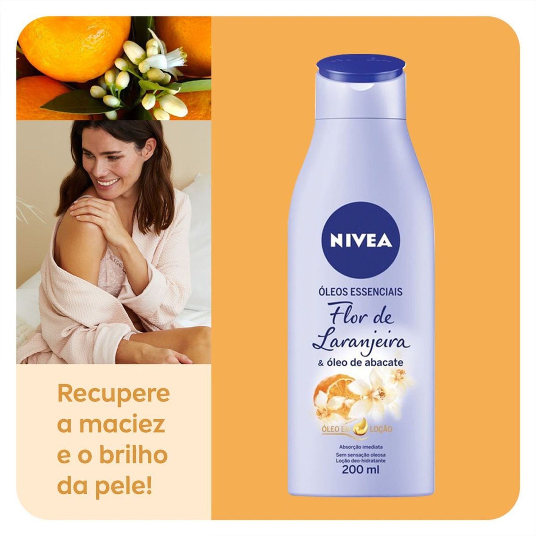 Lo&ccedil;&atilde;o Deo-Hidratante Flor de Laranjeira & &Oacute;leo de Abacate Nivea &Oacute;leos Essenciais Frasco 200ml&nbsp;