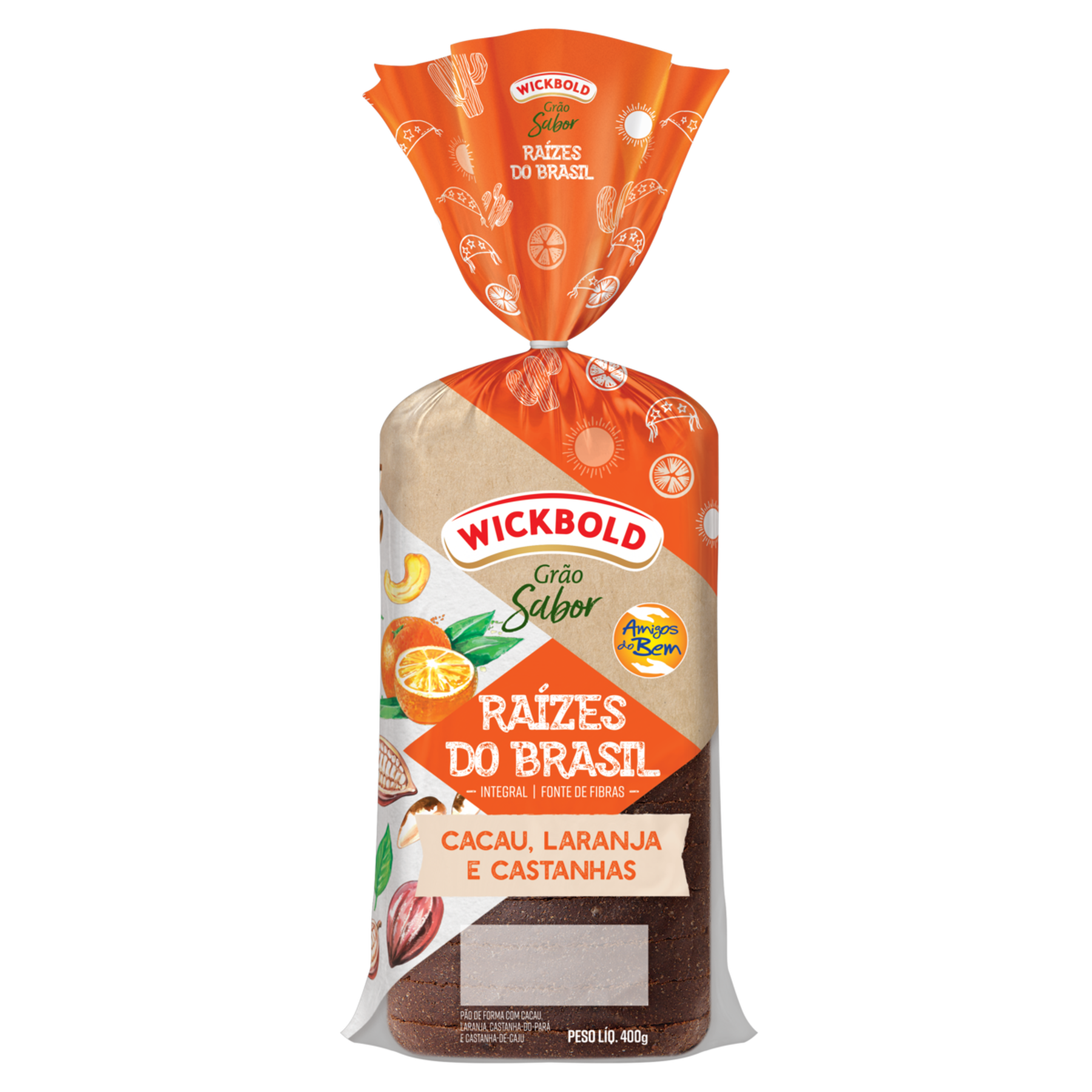 P&atilde;o de Forma Integral Cacau, Laranja e Castanhas Wickbold Gr&atilde;o Sabor Ra&iacute;zes do Brasil Pacote 400g